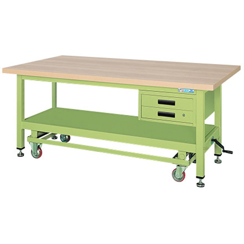 KWCM-12B 超重量作業台 KWCタイプ ハンドル昇降移動式 サカエ メラミン天板製天板 木目 対応 間口1200mm奥行800mm高さ740mm