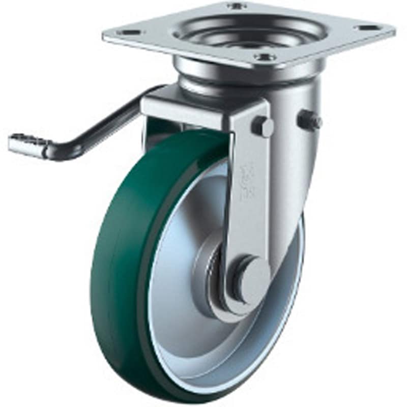 UWJB-150(L) JB型 自在車(ウレタン車輪・ダブルベアリング) レバー式ダブルストッパー付 ユーエイキャスター 三価ユニクロ仕上 左ダブルストッパー付 車輪径150mm車輪幅38mm