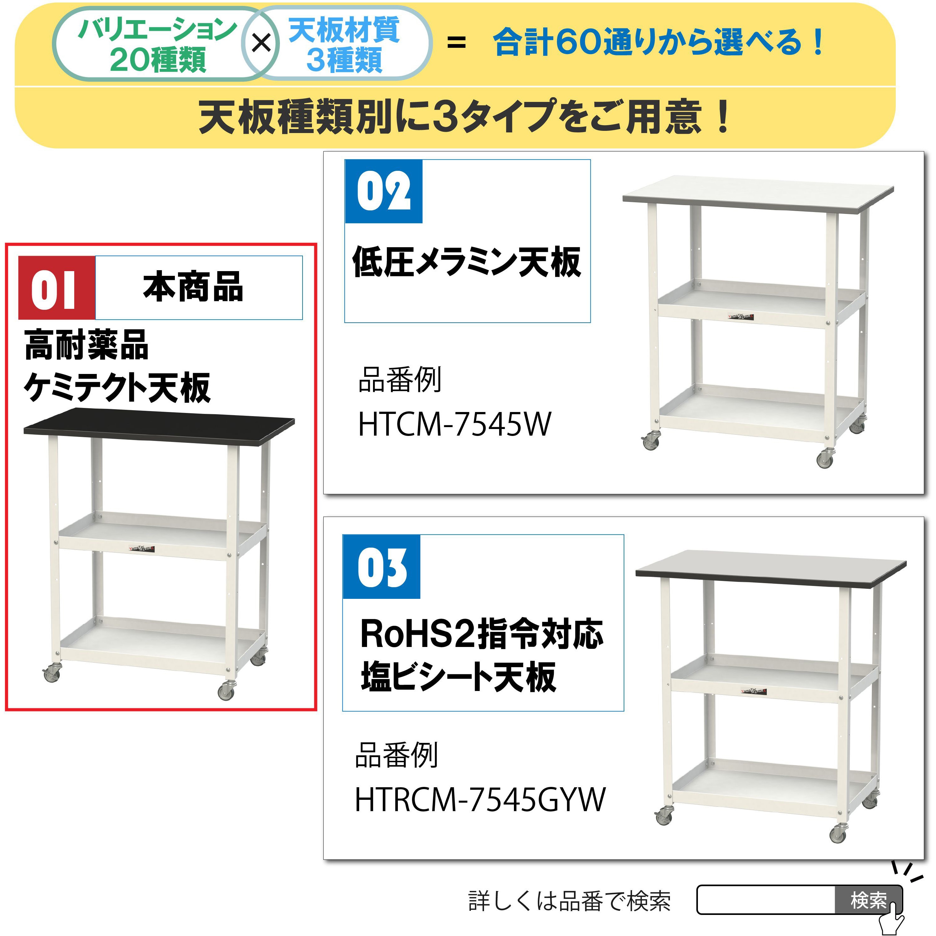 レア　2段棚付作業台 LKTCM-7560BKW 実験用/軽量作業台/キャスター付き_天板付きラボワゴン_