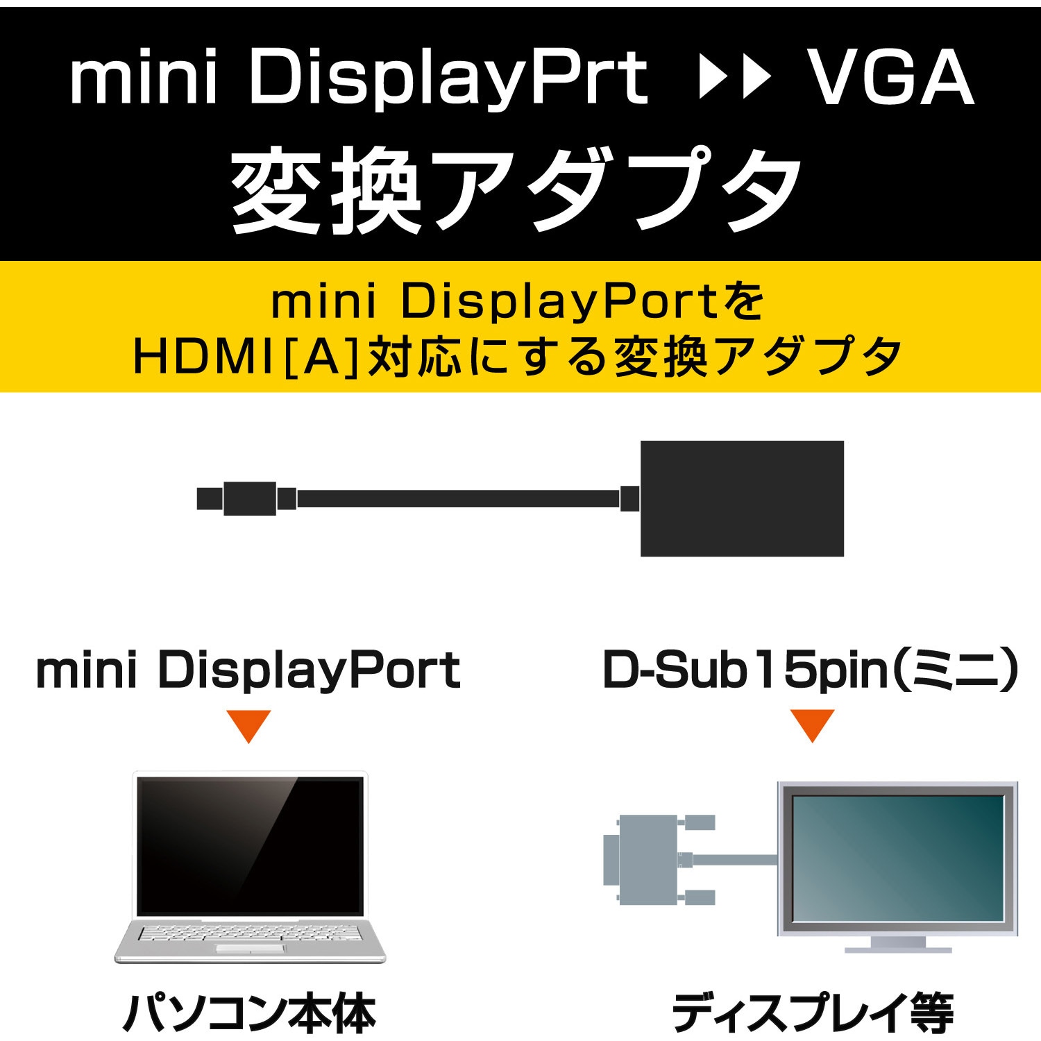 AD-MDPVGABK miniDisplayport変換アダプタ VGA(D-Sub 15ピン)-ミニディスプレイポート エレコム  D-sub15ピンメス - Mini DisplayPortオス ブラック色 AD-MDPVGABK - 【通販モノタロウ】