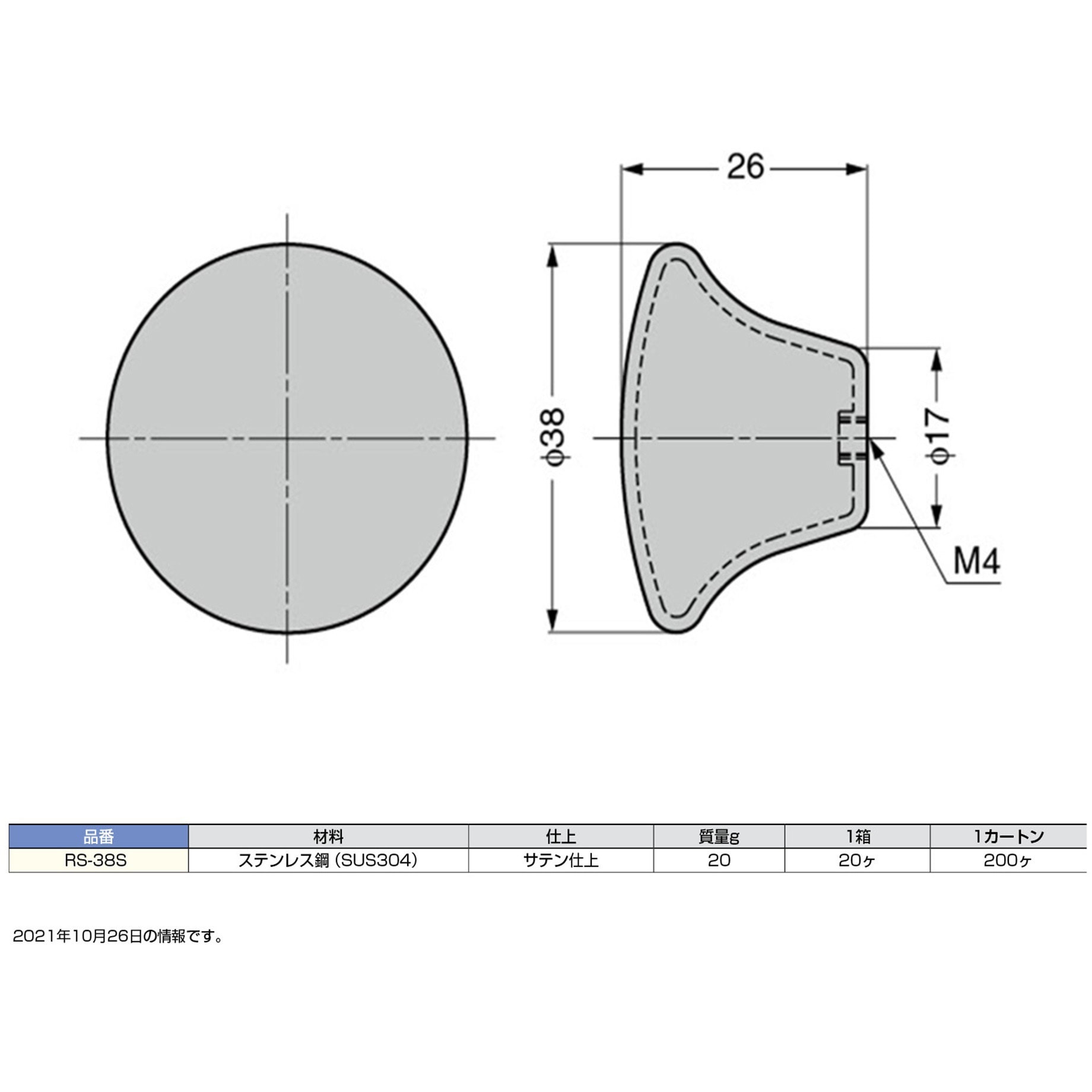 RS-38S ステンレス鋼製つまみ LAMP(スガツネ工業) めねじ 丸形