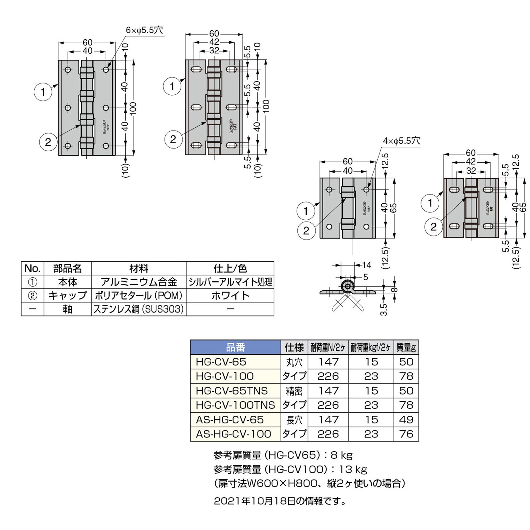 HG-CV-65TNS クリーンヒンジ LAMP(スガツネ工業) 平蝶番 精密タイプ HG