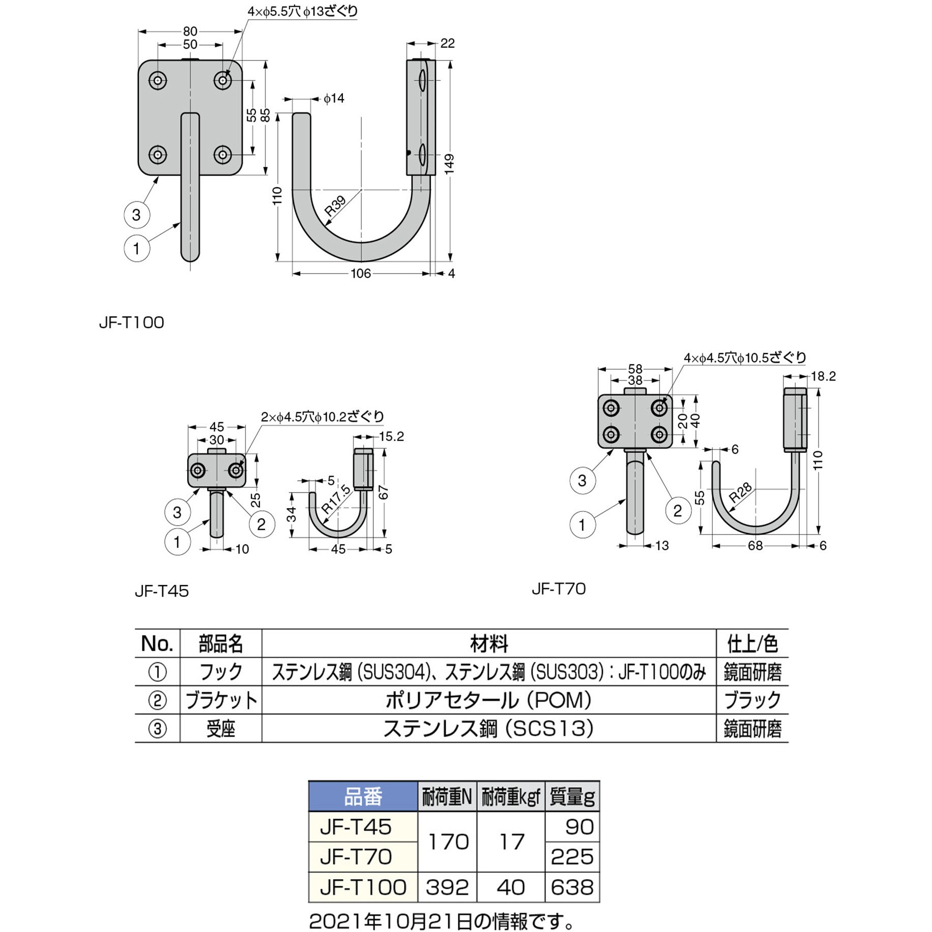 JF-T70 ステンレス鋼製 フリクション式ジャンボフック LAMP(スガツネ