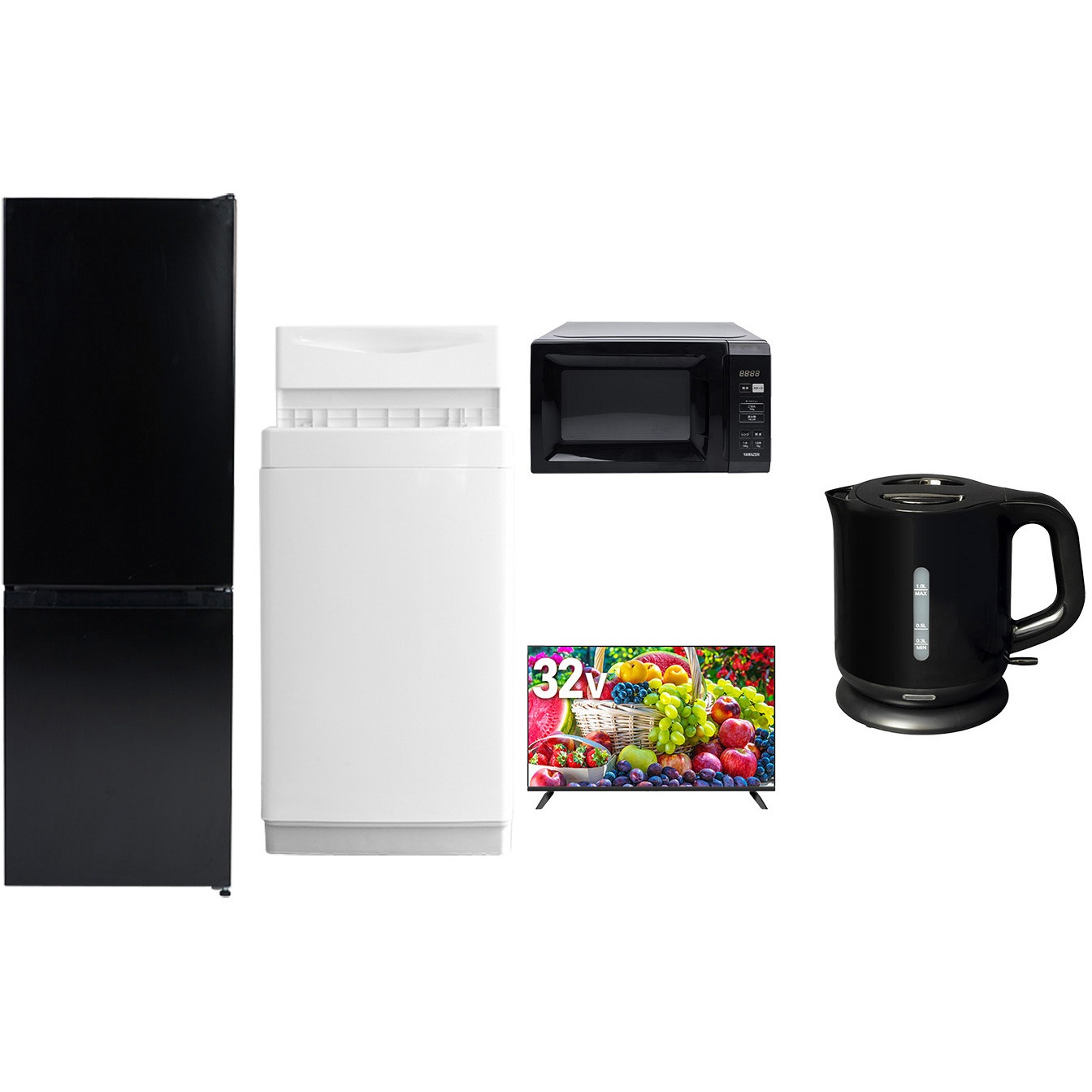 106L6DMLCZSW7テンBK4 【家電セット】5点セット (6kg洗濯機 157L冷蔵庫 電子レンジ 32型液晶テレビ 電気ケトル) YAMAZEN(山善) ブラック色