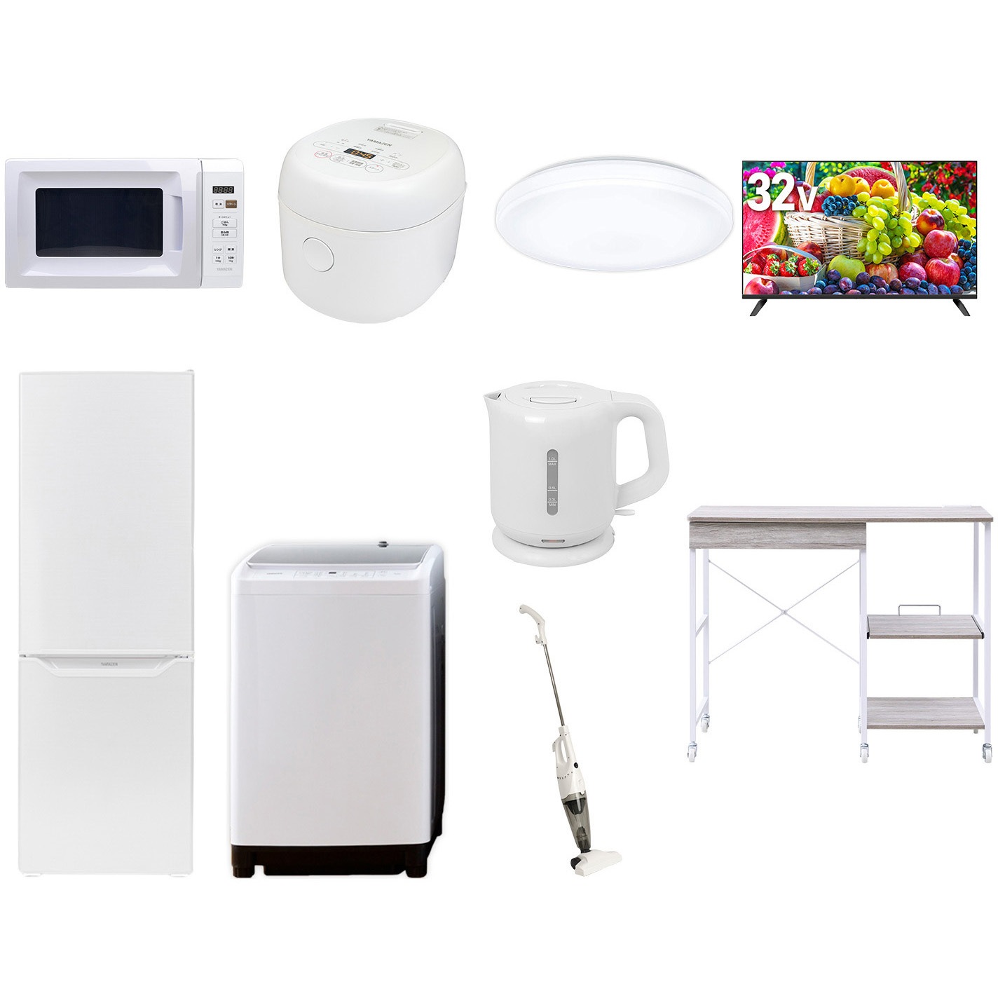 106L6LC32TVZSS7テンWH4 【家電セット】9点セット (8kg洗濯機 173L冷蔵庫 電子レンジ 炊飯器 シーリングライト 32型液晶テレビ 電気ケトル スティッククリーナー レンジラック) 1セット YAMAZEN(山善) 【通販モノタロウ】