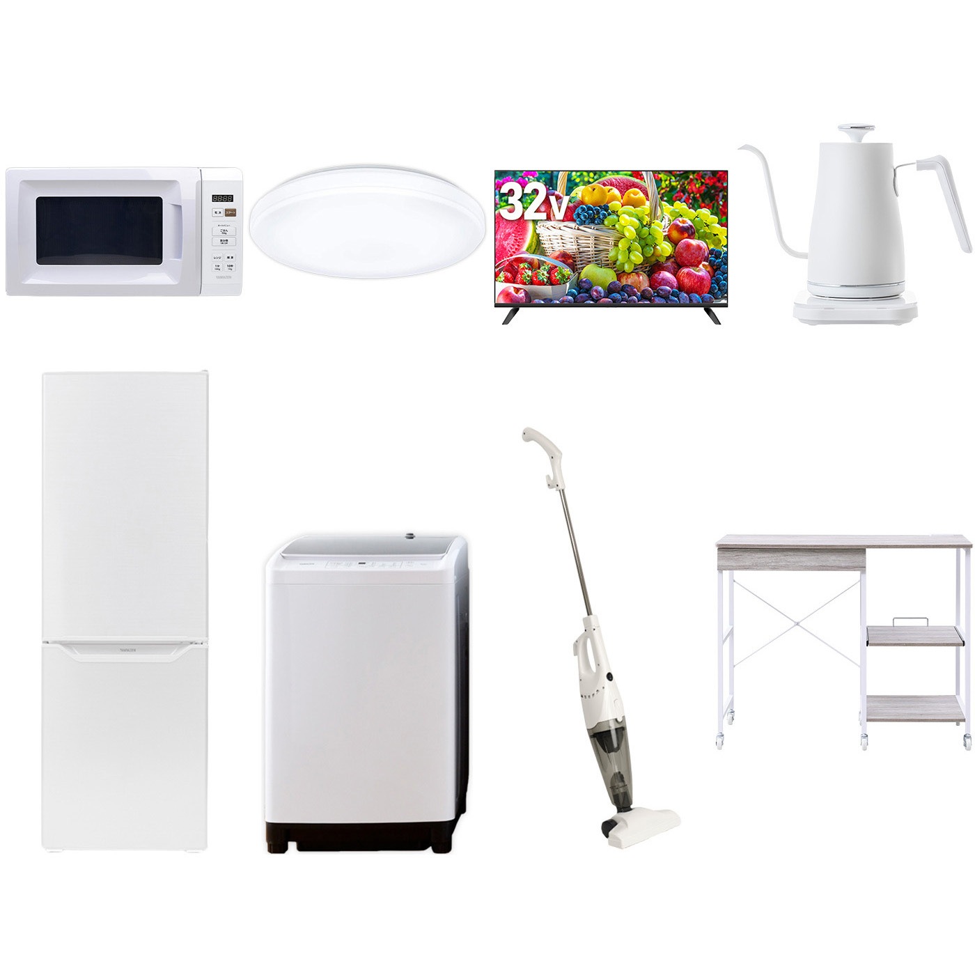106L6DMDKZCS7テン50WH3 【家電セット】8点セット (8kg洗濯機 173L冷蔵庫 電子レンジ シーリングライト 32型液晶テレビ 温調ケトル スティッククリーナー レンジラック) 1セット YAMAZEN(山善) 【通販モノタロウ】