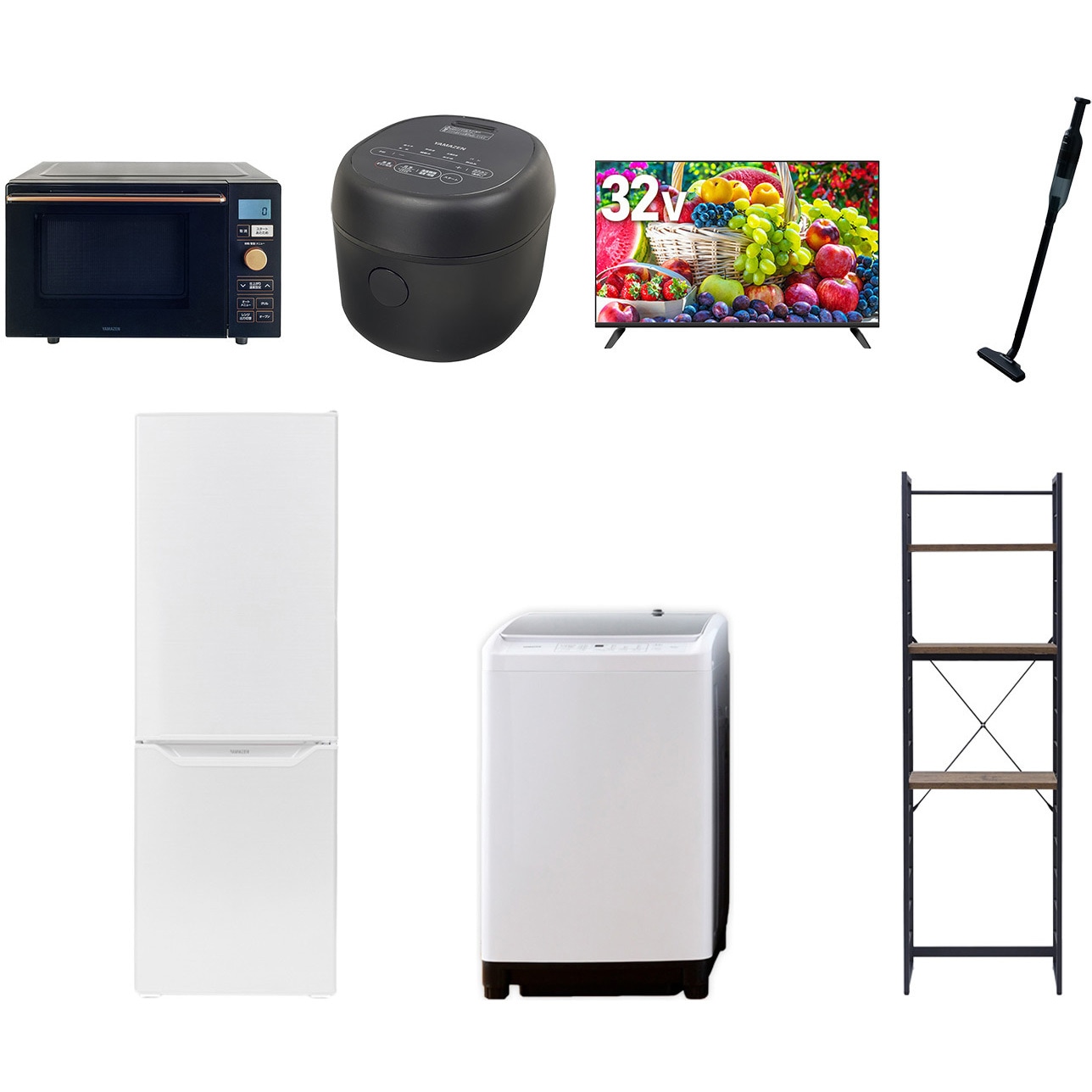 106L6/81ワイド5テンBK5 【家電セット】7点セット (8kg洗濯機 173L冷蔵庫 オーブンレンジ 炊飯器 32型液晶テレビ 軽量クリーナー 家電収納ラック) 1セット YAMAZEN(山善) 【通販モノタロウ】