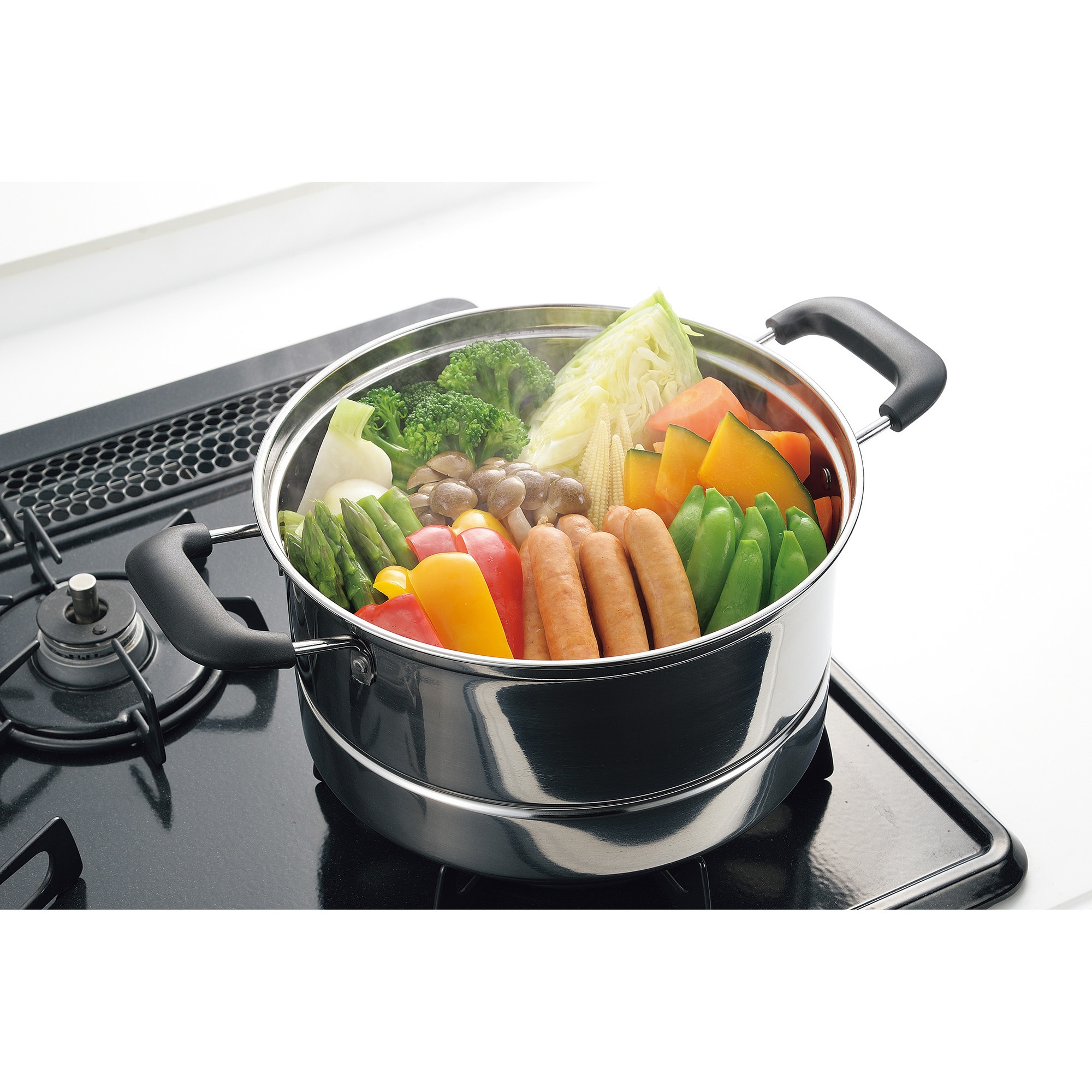 HC-529 蒸し処 ステンレス製ガラス蓋付深型鍋(目皿付) パール金属