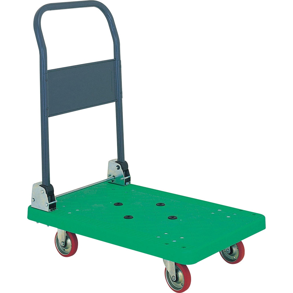 P101G 樹脂製折り畳みハンドル台車 石川製作所 ゴム車輪 グリーン色 軽量 荷重150kg 荷台寸法720×465mm  P101G