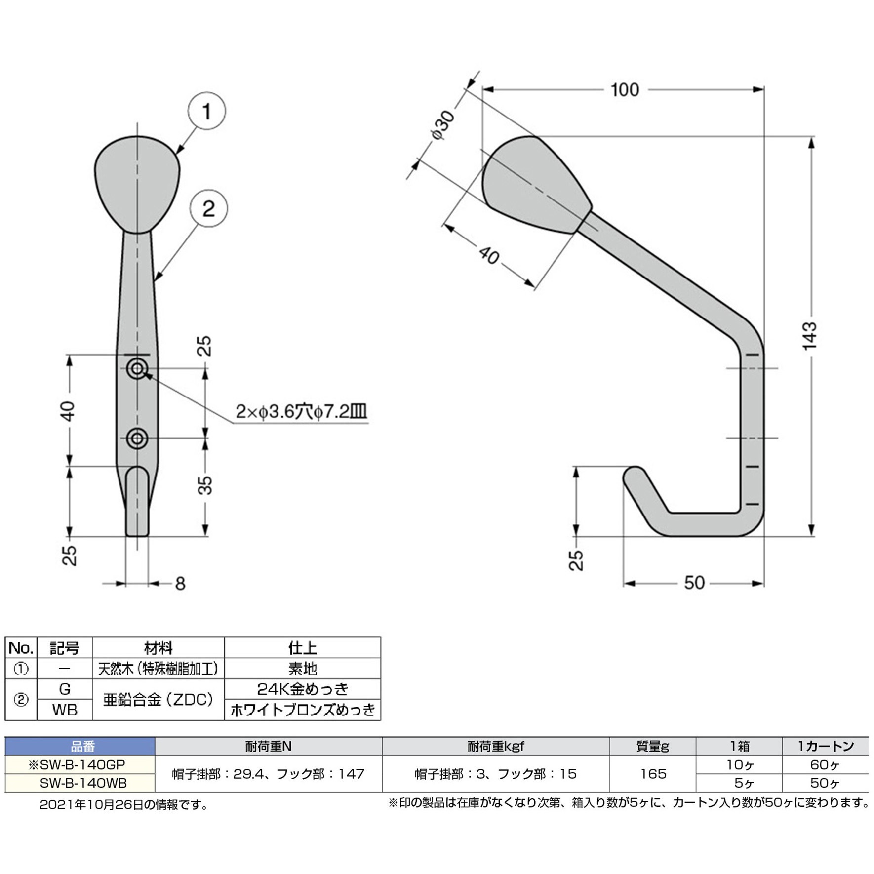 SW-B-140WB スチールウッド 帽子掛 SW-B-140 1個 LAMP(スガツネ 