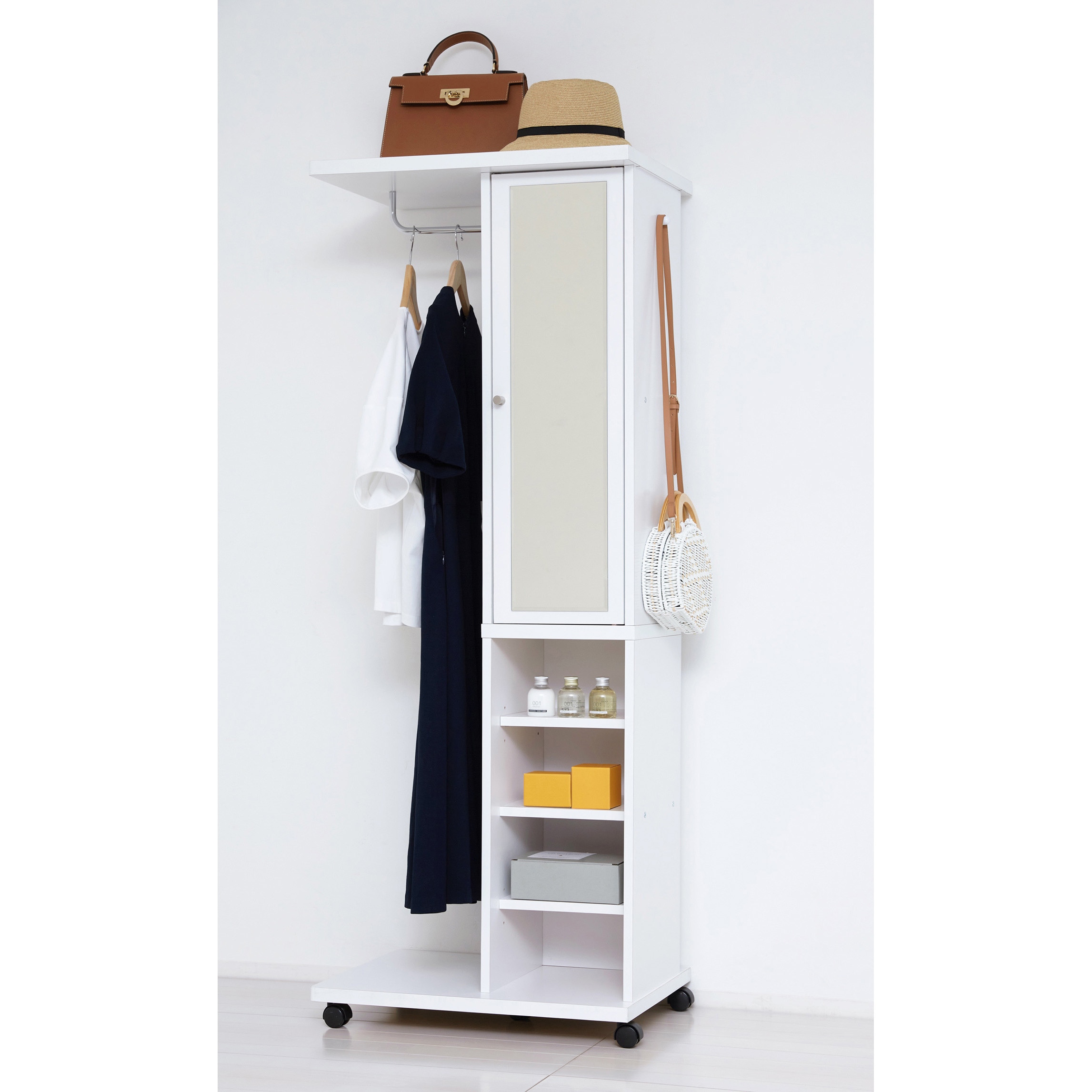 62137 ミラー付ハンガーラック クロシオ 材質:木 ホワイト色 - 【通販