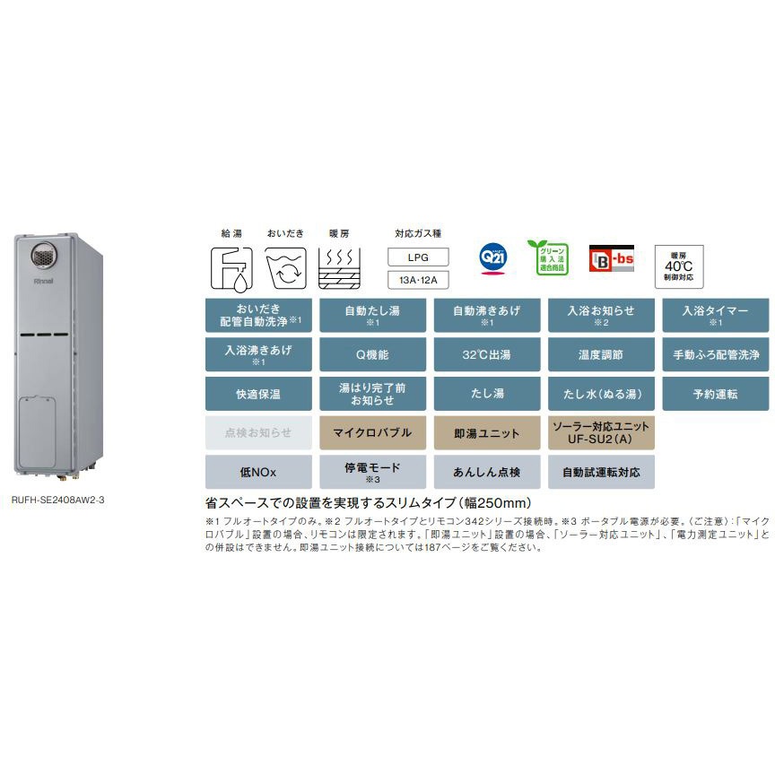 RUFH-SE2408SAW2-3/13A ガス給湯暖房用熱源機(屋外据置台設置) 1台