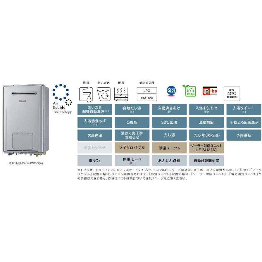 RUFH-UE2407AW2-3(A)/13A ウルトラファインバブルガス給湯暖房用熱源機