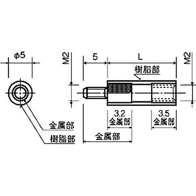 BMZ-2015E 金属付PBTスペーサー / BMZ-E 廣杉計器 ねじ径M2 1袋