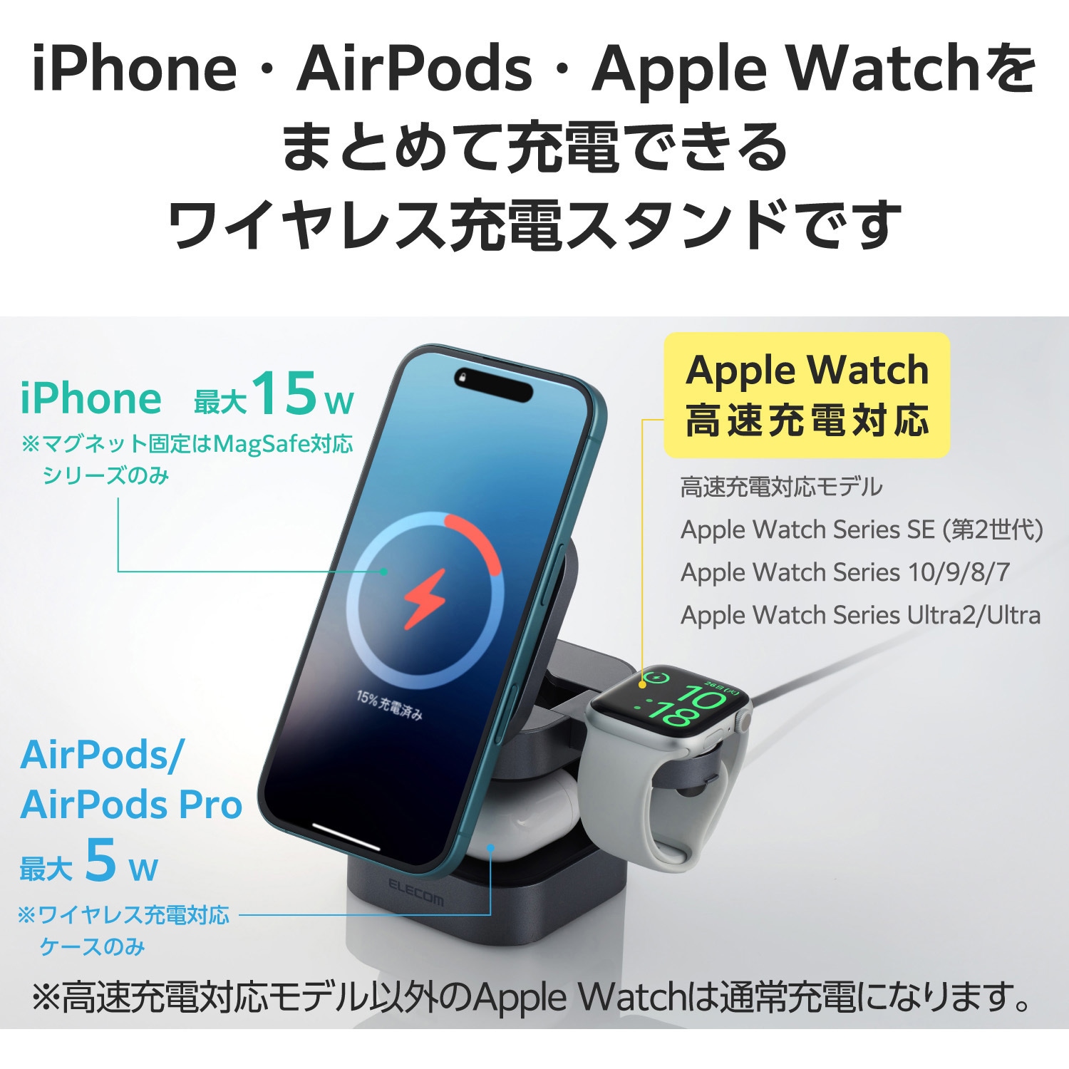 EC-MS09SV ワイヤレス充電器 Qi2 対応 15W / 7.5W / 5W マグネット式 