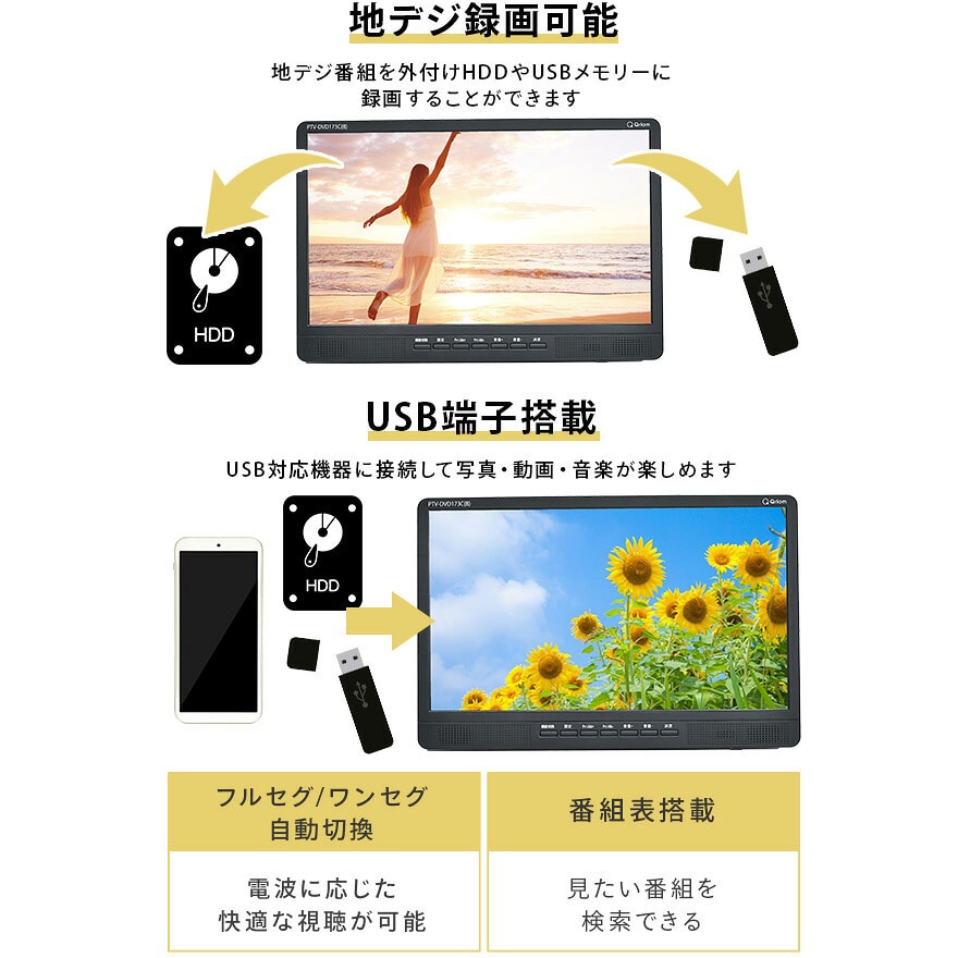 PTV-DVD173C(B) ポータブルテレビ 地上デジタル放送対応 DVDプレーヤー