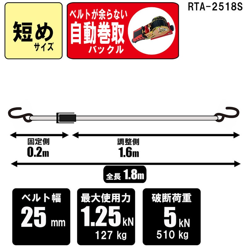 RTA-2518S ラチェット式荷締機自動巻 SK11 ブラック オープンフック