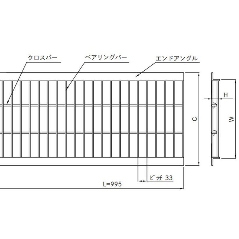 U字溝用グレーチング(普及型)鋼板製・溶融亜鉛メッキ仕上げ ピッチ33mm 歩道用 適合溝幅400mm本体長さ995mm