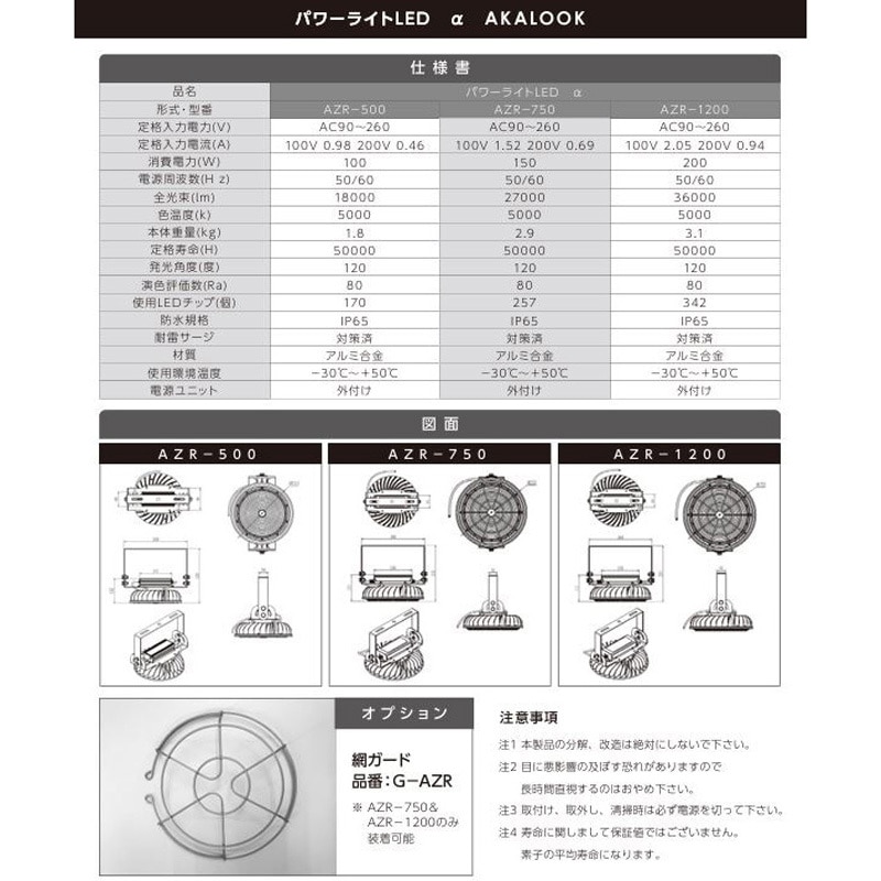 AZR-750 パワーライトLED αシリーズ AKALOOK AC90～240V 【通販