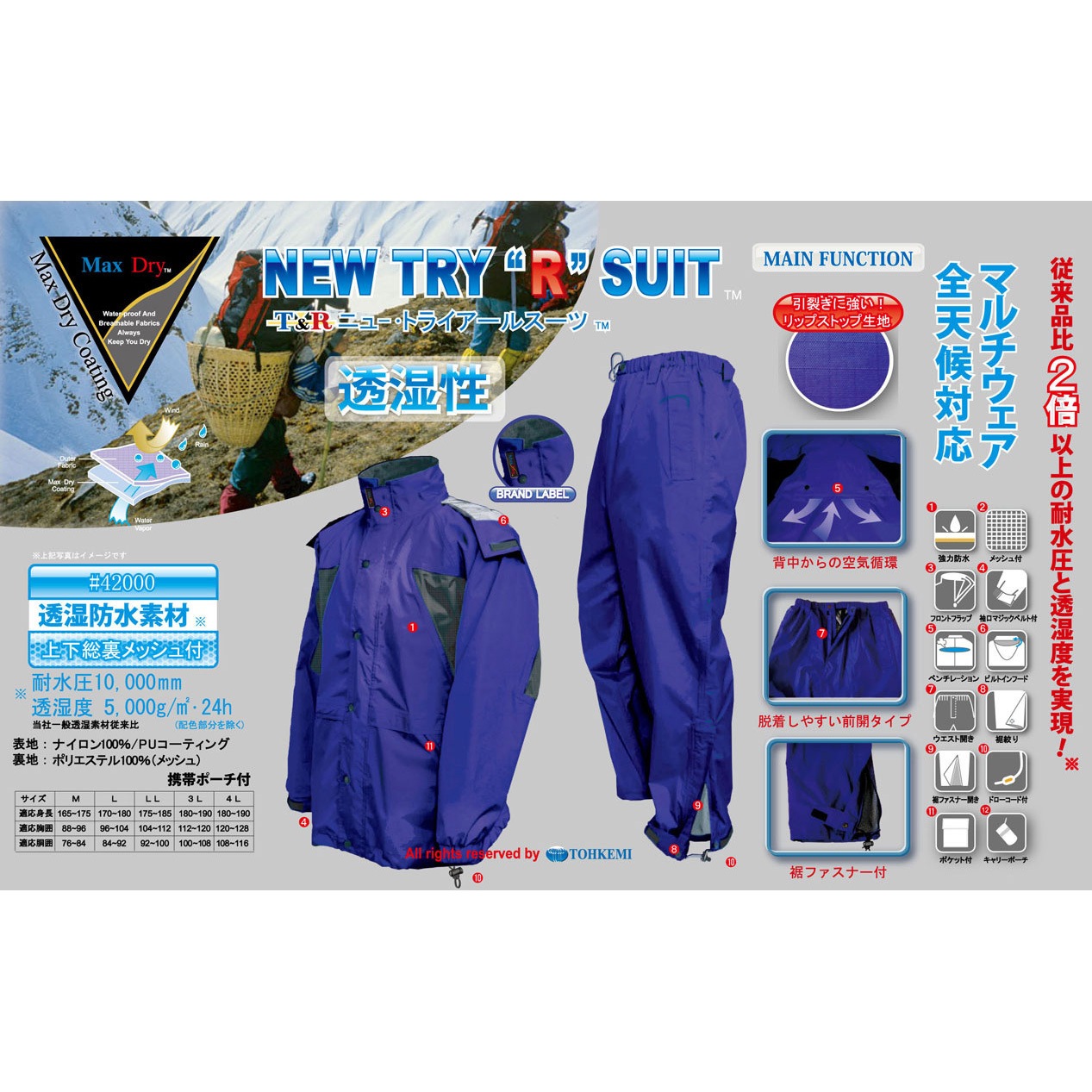 ♯42000 ニュートライアールレインスーツ トオケミ ブルー色 サイズM 1