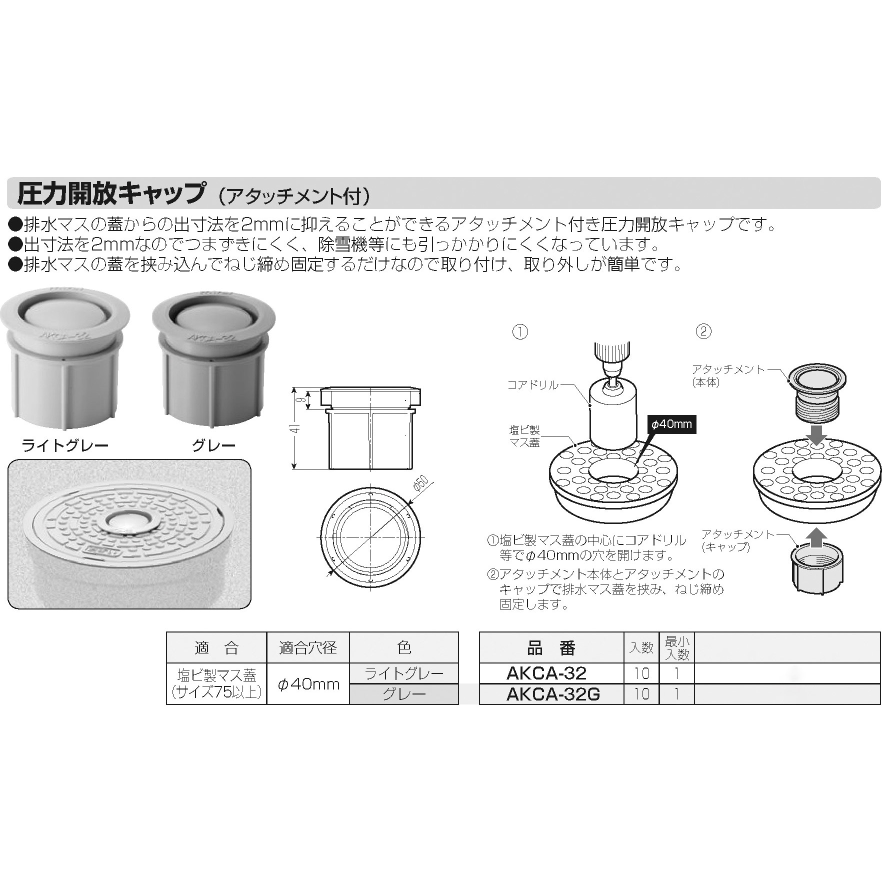 AKCA-32 圧力開放キャップ(アタッチメント付) 未来工業 ライトグレー色