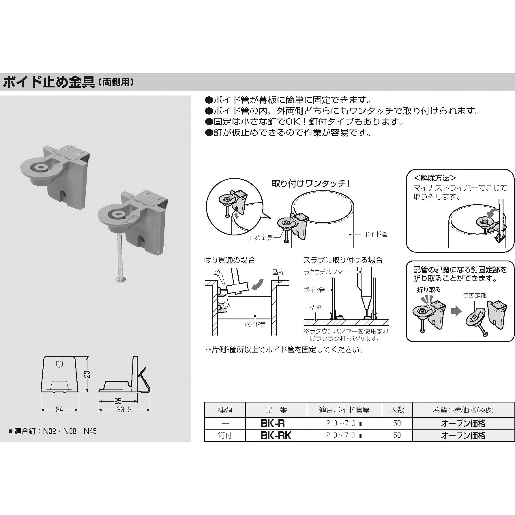BK-RK ボイド止め金具(両側用) 未来工業 1袋(50個) BK-RK 【通販 