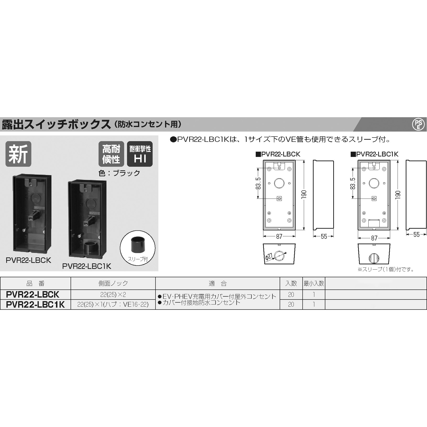 PVR22-LBCK 露出スイッチボックス(防水コンセント用) 1個 未来
