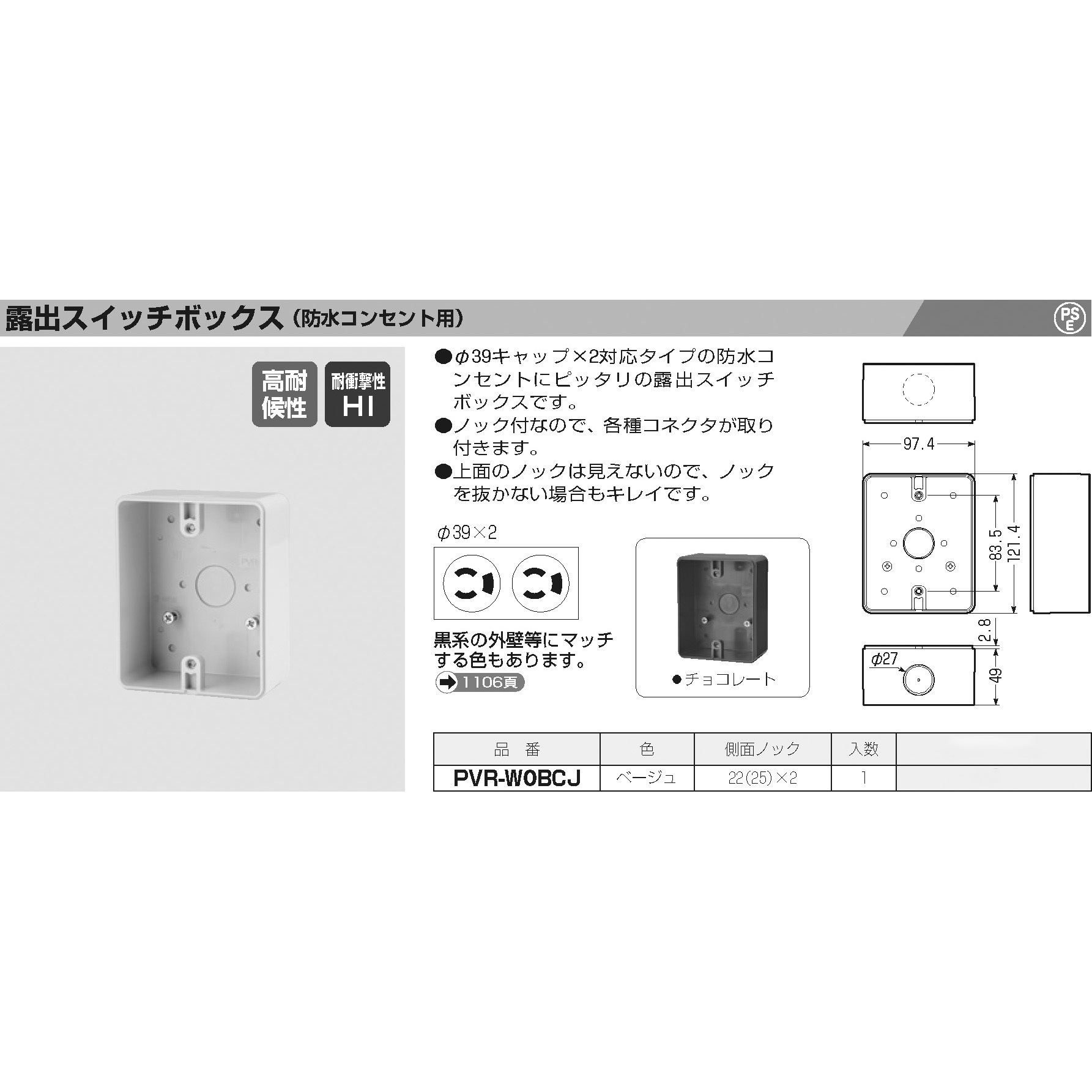 PVR-W0BCJ 露出スイッチボックス(防水コンセント用) 1個 未来工業