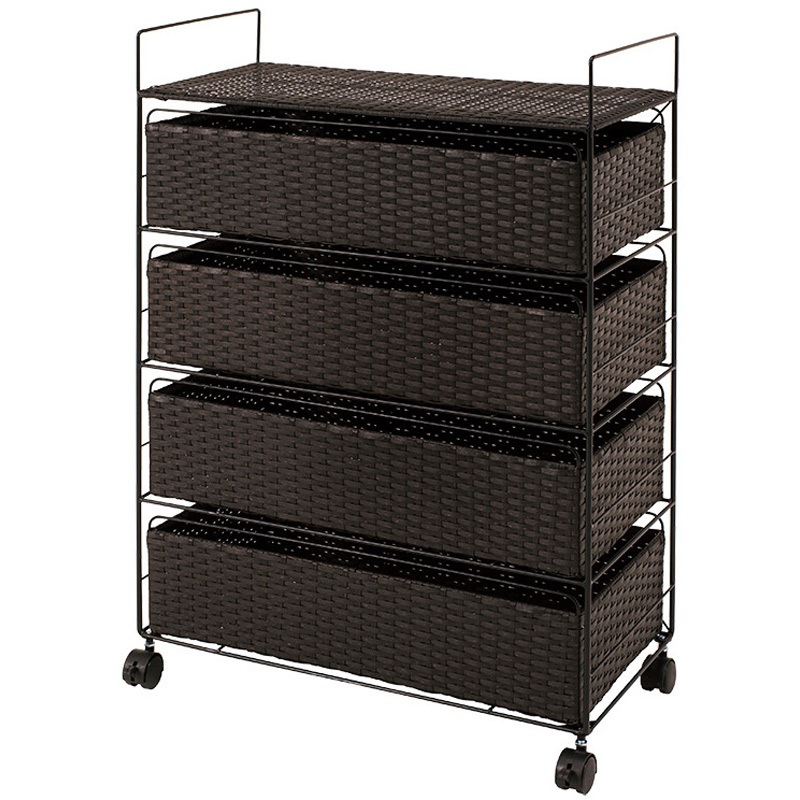 RAN-2437DBR ランドリー 収納 バスケット 4段 幅 60 cm 薄型 スリム キャスター付き ラタン風 萩原 1台(1台) RAN-2437DBR