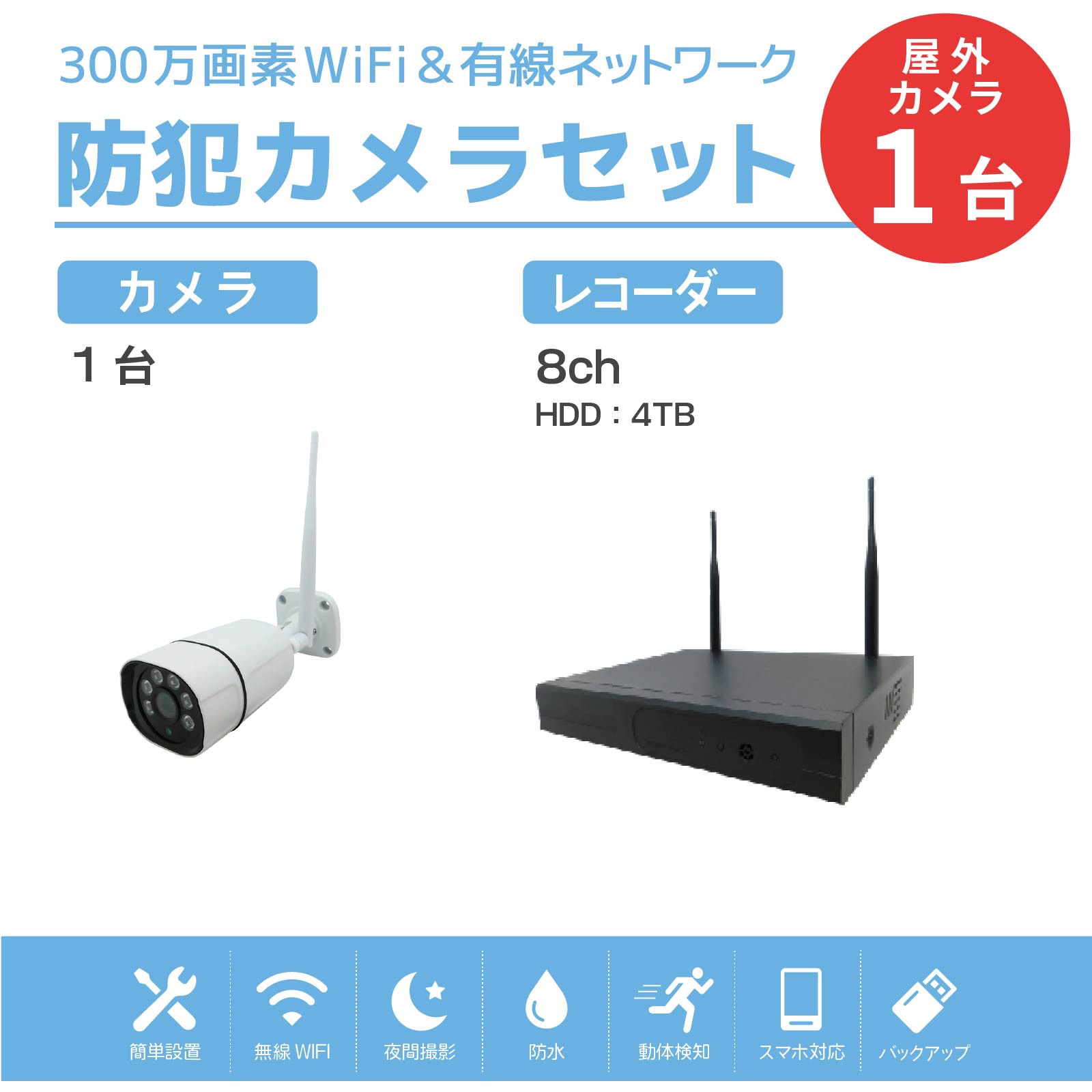 SEC-W-M1CH-4T ワイヤレス300万画素防犯カメラ・録画機(HD4TB付)セット