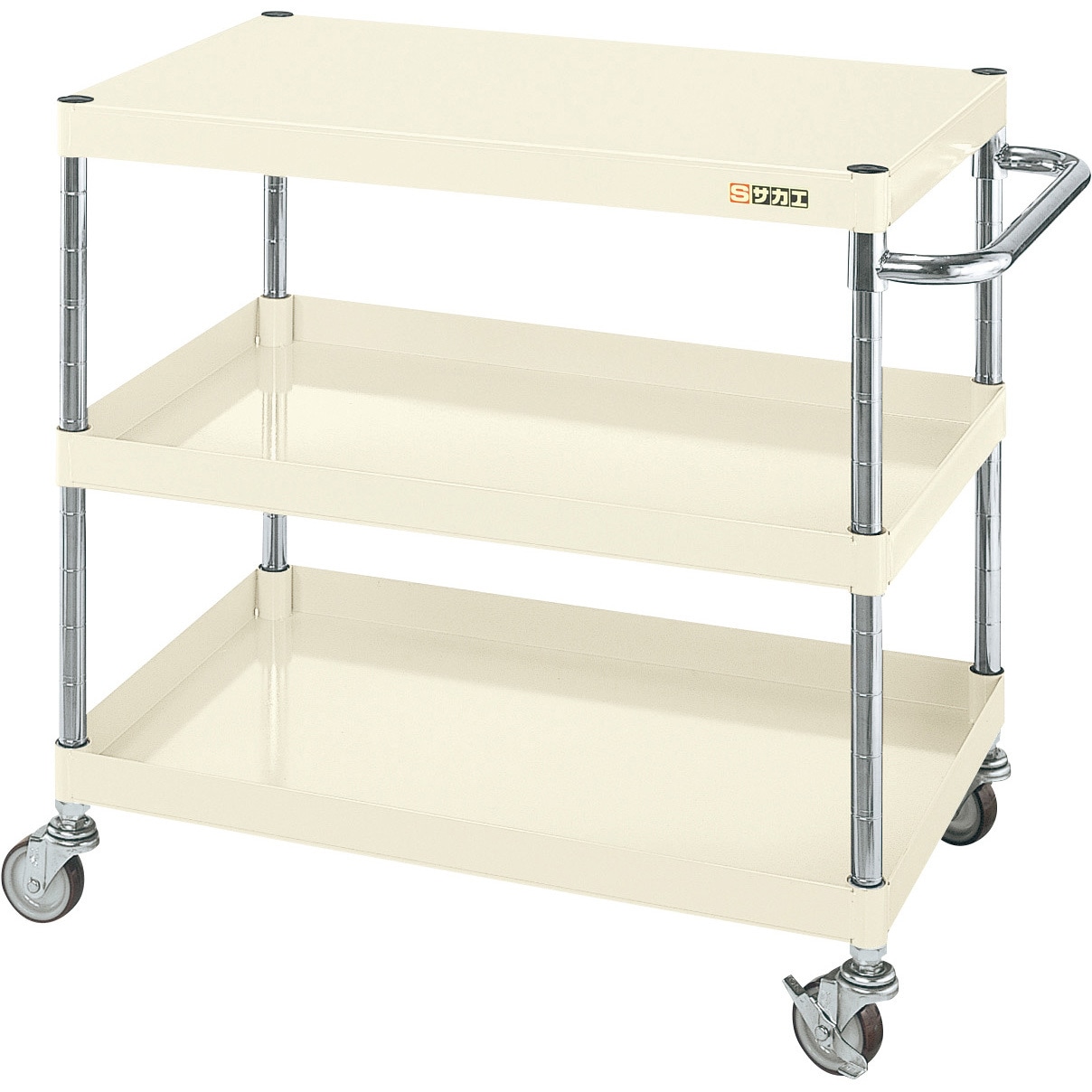 CSパールワゴン 軽量/ナイロンウレタン/H740/3段 900×600×740mm グリーン CSP-9073LNU CSP-7573LYNUI サカエ CSパールワゴン軽量3段 W750 H740 直進金具付