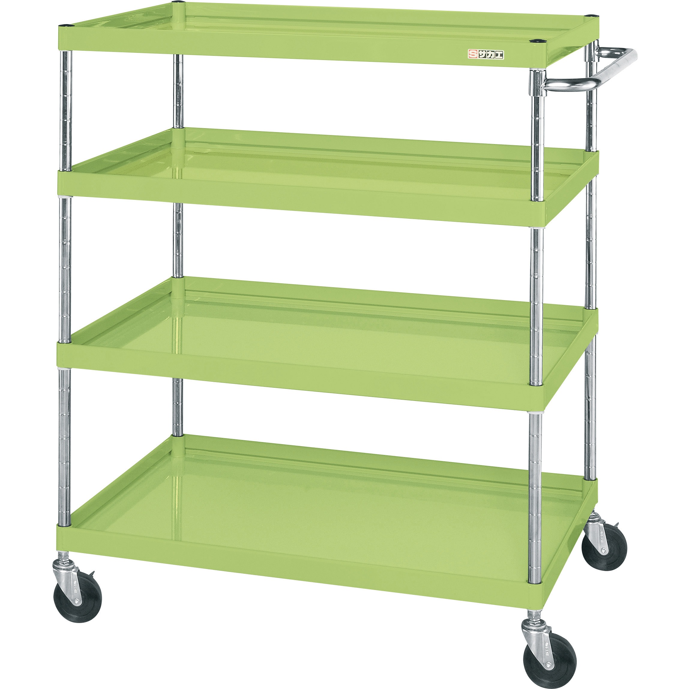 CSP-10124 CSパールワゴン(中量タイプ/ゴム車/H1200/4段) サカエ 直進安定金具無し仕様 グリーン色 間口1000mm奥行650mm  CSP-10124