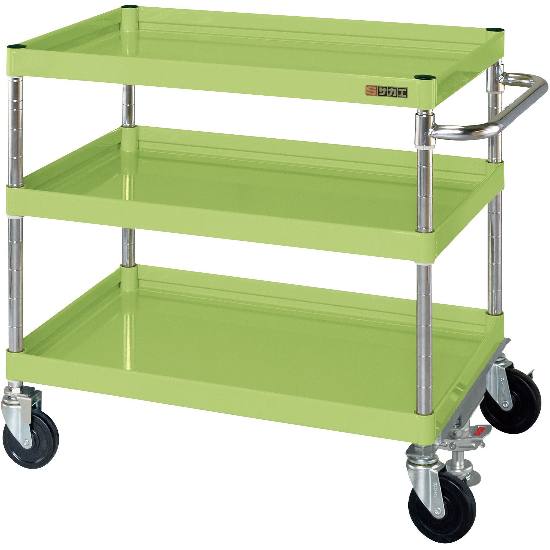 CSP-7573FS CSパールワゴン(中量タイプ/ゴム車/フロアストッパー付) サカエ 3段 直進安定金具付(JK-B)仕様 グリーン色 高さ740mm間口750mm奥行500mm  CSP-7573FS