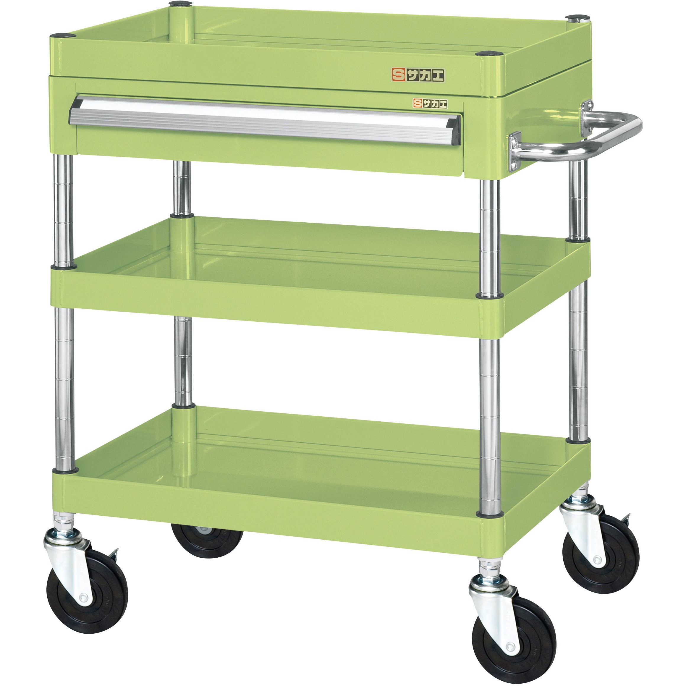 CSP-6073A CSパールワゴン(ゴム車/上段引出し/天板皿型) サカエ 直進安定金具無し仕様 3段 グリーン色 高さ740mm間口600mm奥行400mm  CSP-6073A