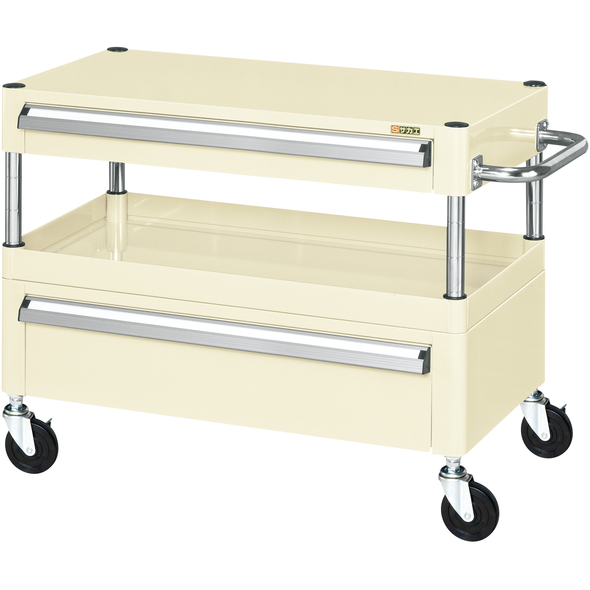 CSP-6061ACNUI CSパールワゴン(中量タイプ/ナイロンウレタン車/引出し付) サカエ 直進安定金具無し仕様 2段 アイボリー色 引出し浅型1段深型1段  CSP-6061ACNUI