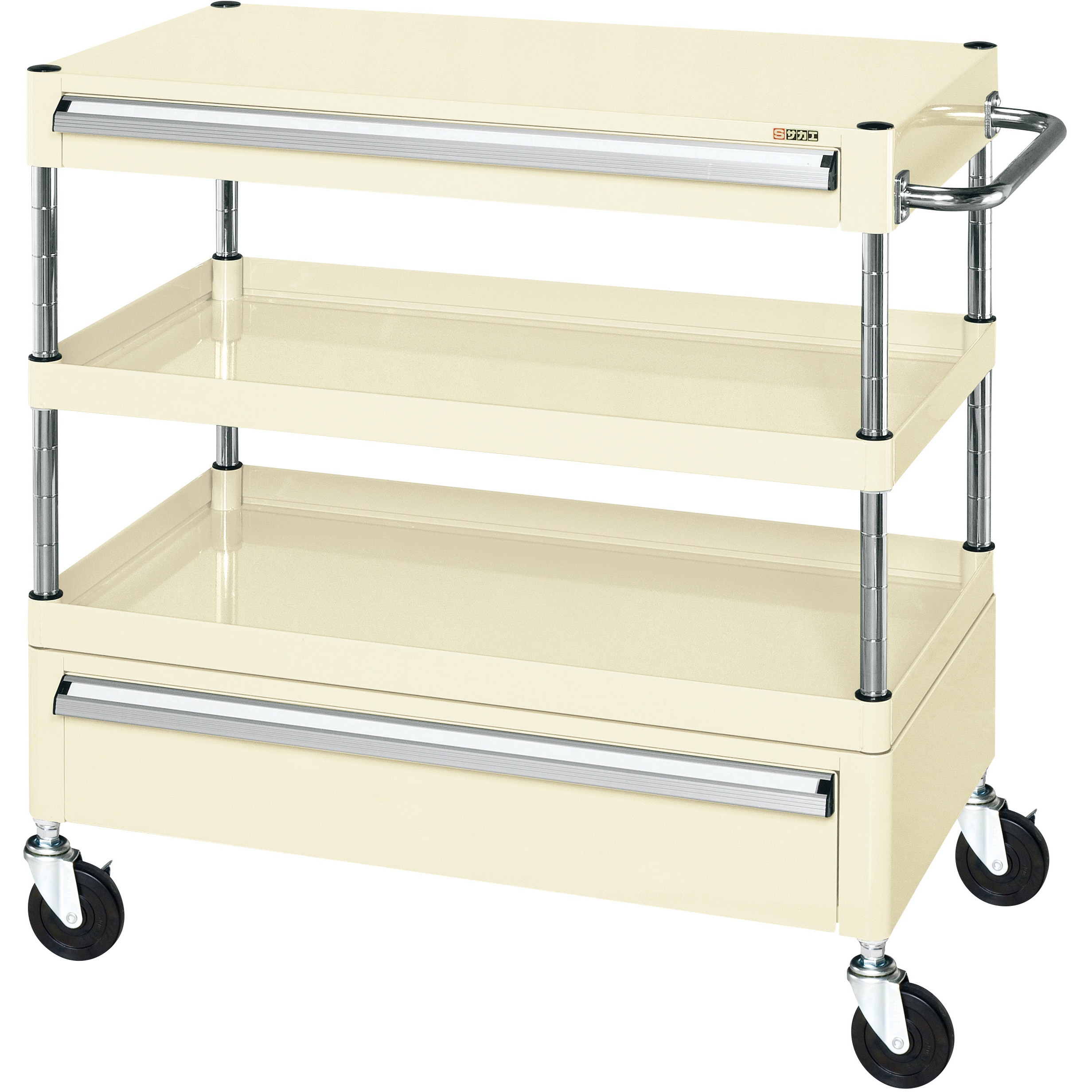 CSP-7582ACI CSパールワゴン(中量タイプ/ゴム車/引出し付) サカエ 直進安定金具無し仕様 3段 アイボリー色 引出し浅型1段深型1段  CSP-7582ACI