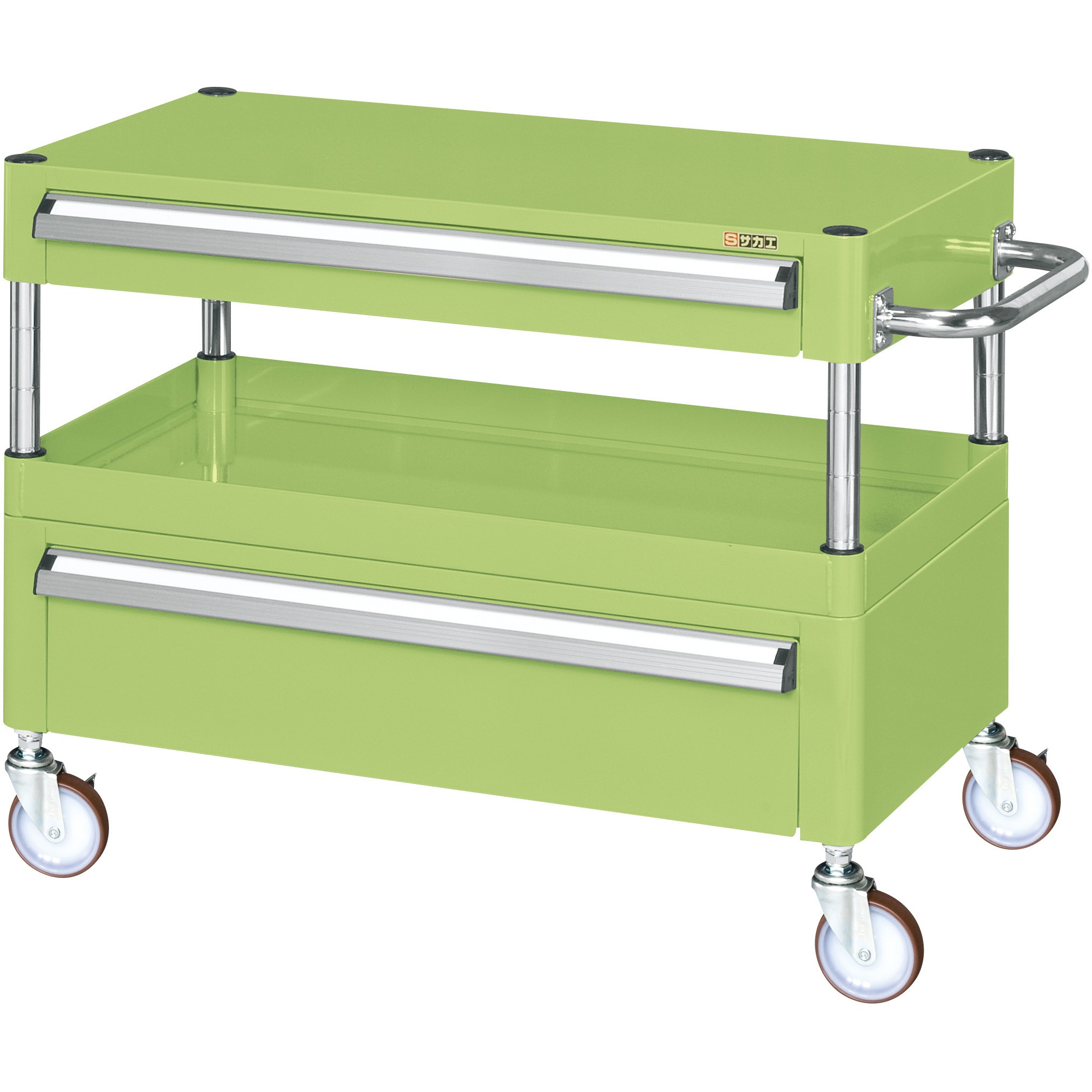CSP-6061ACNU CSパールワゴン(中量タイプ/ナイロンウレタン車/引出し付) サカエ 直進安定金具無し仕様 2段 グリーン色 引出し浅型1段深型1段  CSP-6061ACNU