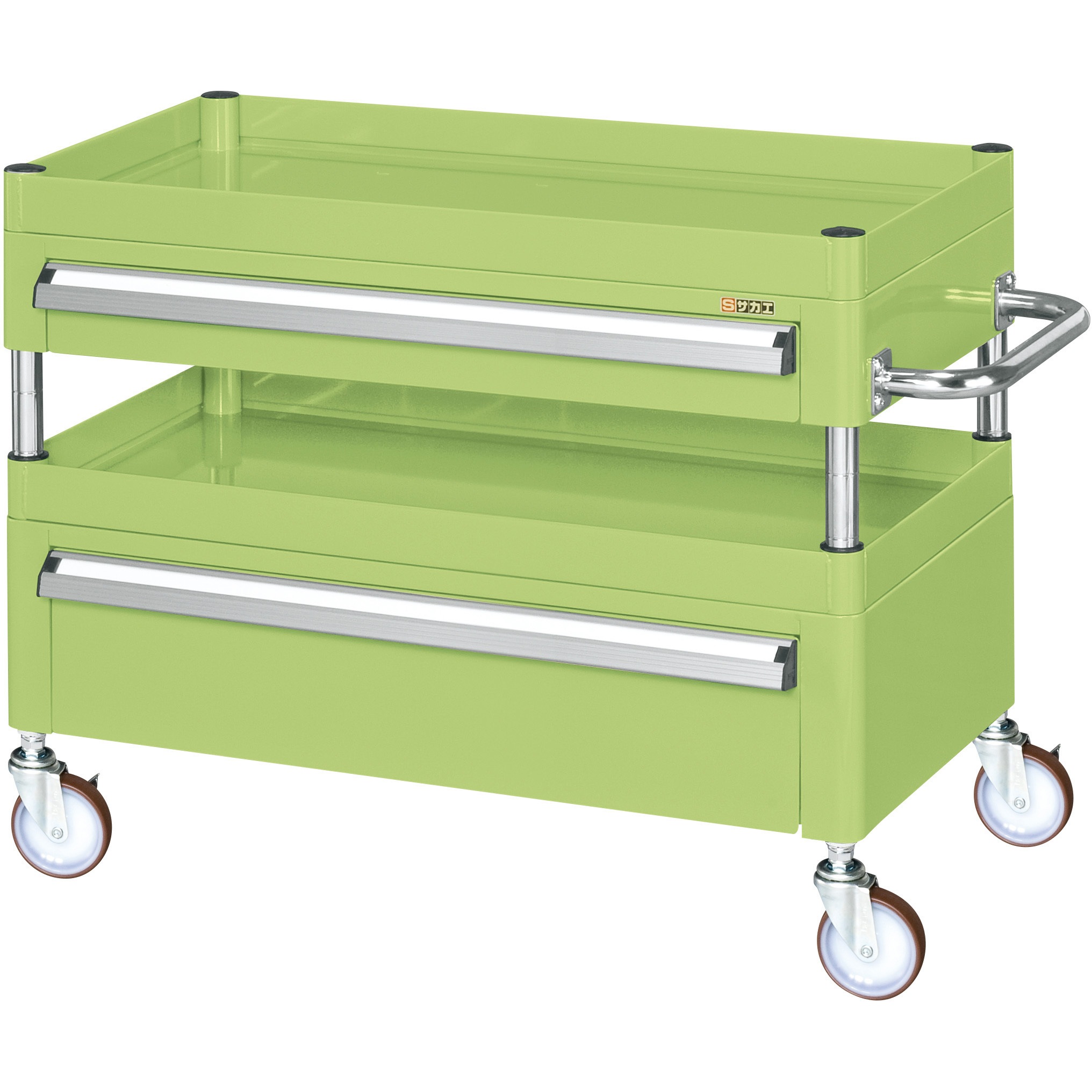 CSP-6062ACNU CSパールワゴン(中量タイプ/ナイロンウレタン車/引出し付) サカエ 直進安定金具無し仕様 2段 グリーン色 引出し浅型1段深型1段  CSP-6062ACNU