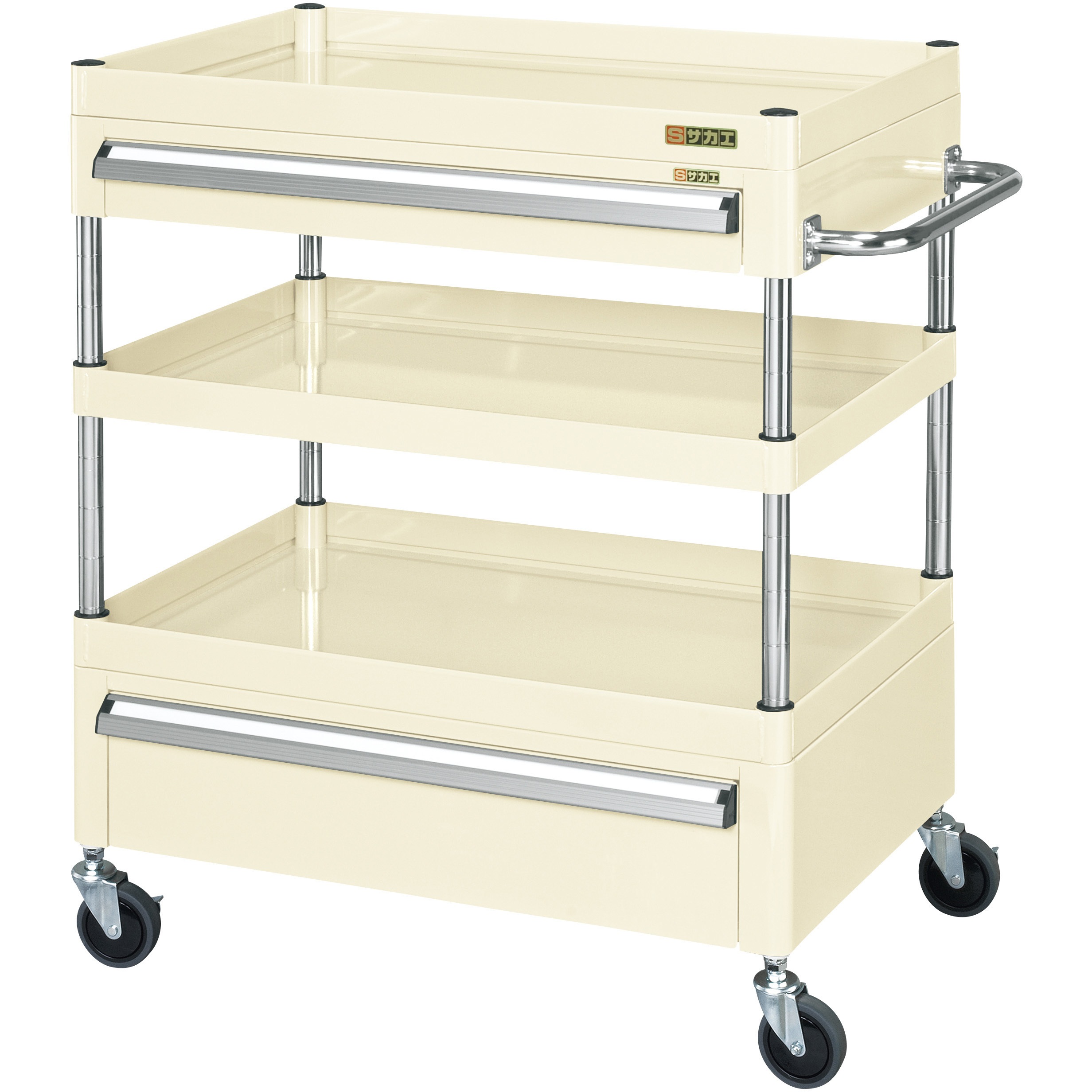 CSP-6083ACSEI CSパールワゴン(中量タイプ/サイレントエラストマー車/引出し付) サカエ 直進安定金具無し仕様 3段 アイボリー色 引出し浅型1段深型1段  CSP-6083ACSEI