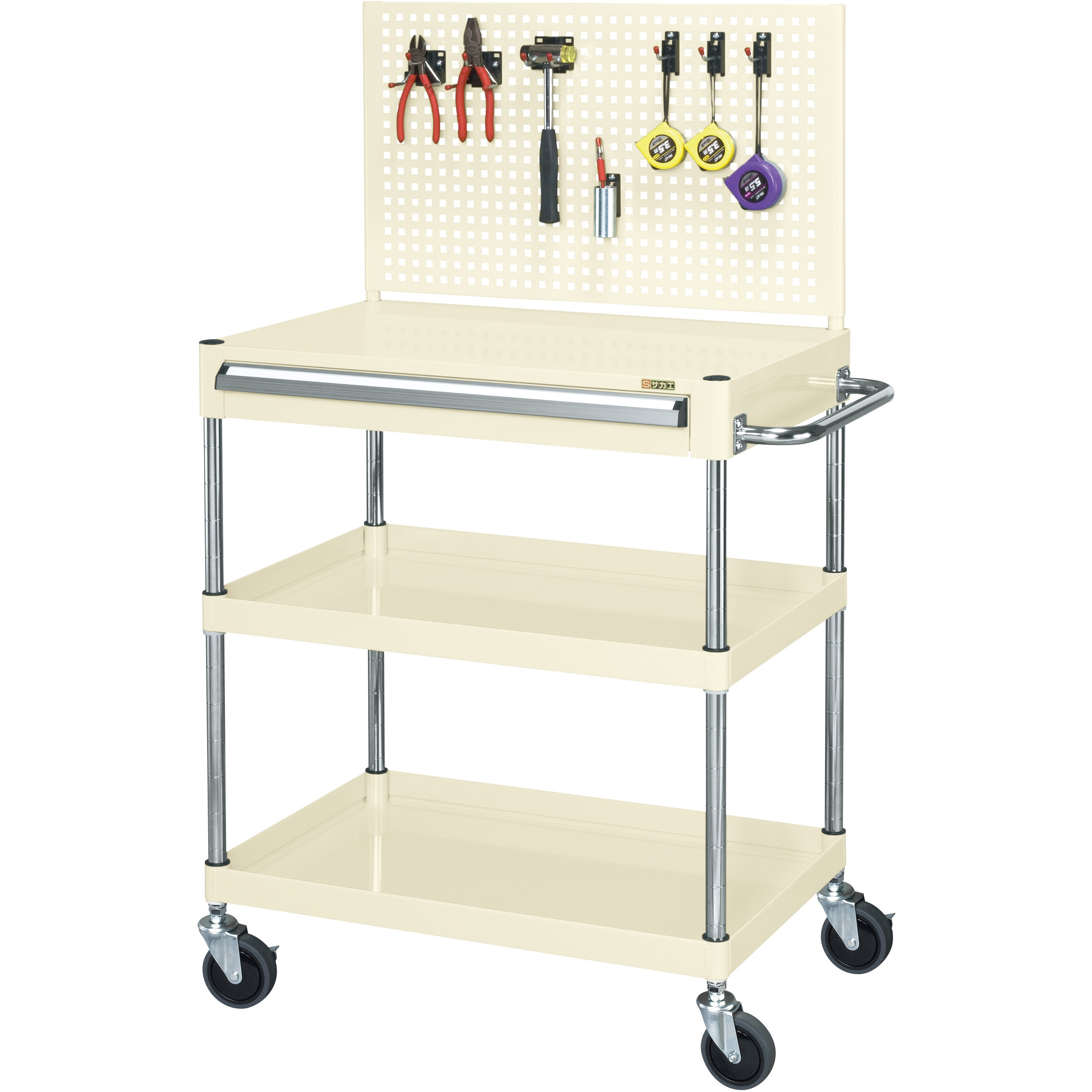 CSP-6082AJPSEI CSパールワゴン(中量タイプ/引出し・上部パンチングパネル付) サカエ 3段 直進安定金具無し仕様 アイボリー色 引出し浅型1段 間口600mm奥行400mm  CSP-6082AJPSEI 38,987円