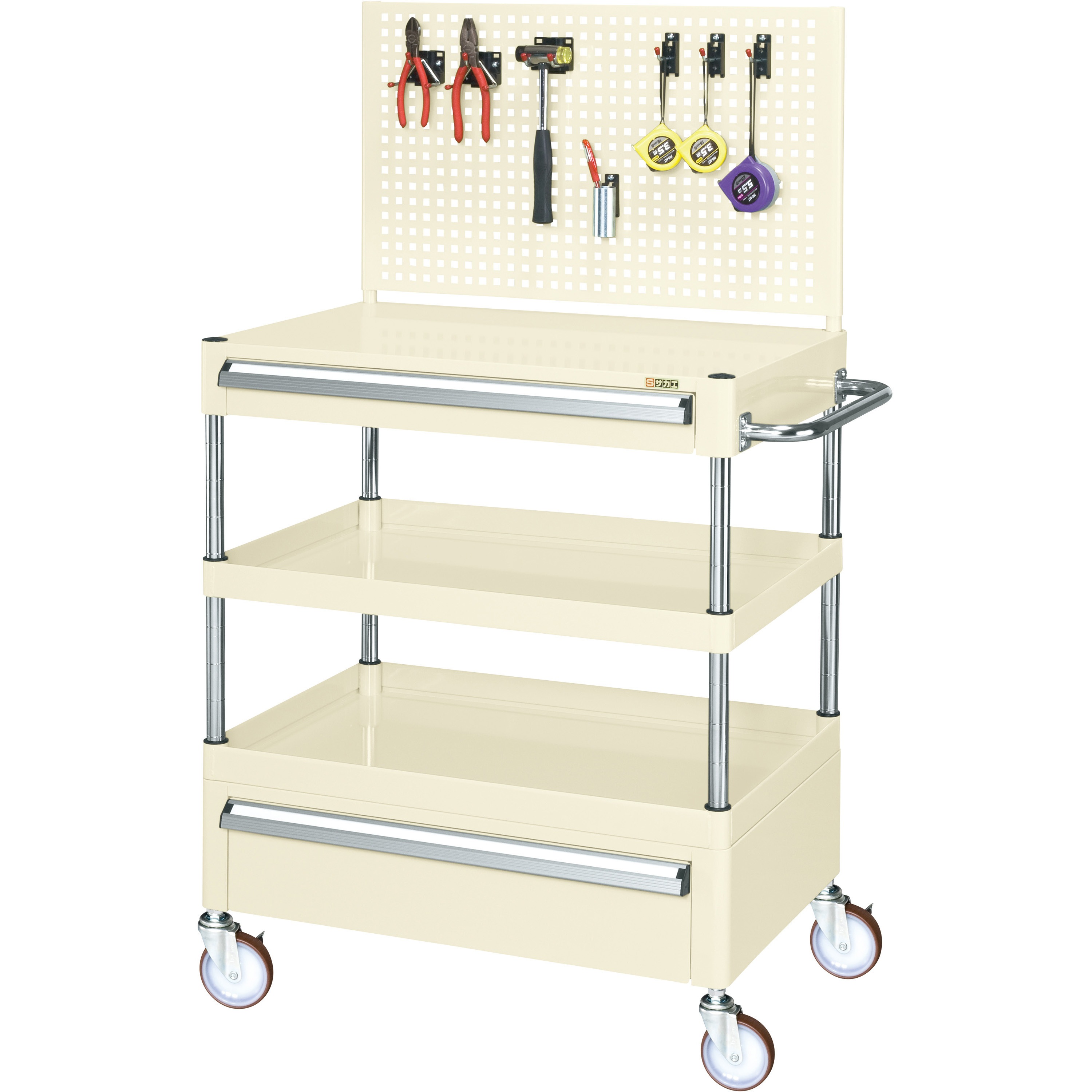 CSP-6082ACJPI CSパールワゴン(中量タイプ/引出し・上部パンチングパネル付) サカエ 3段 直進安定金具無し仕様 アイボリー色 引出し浅型1段深型1段  CSP-6082ACJPI