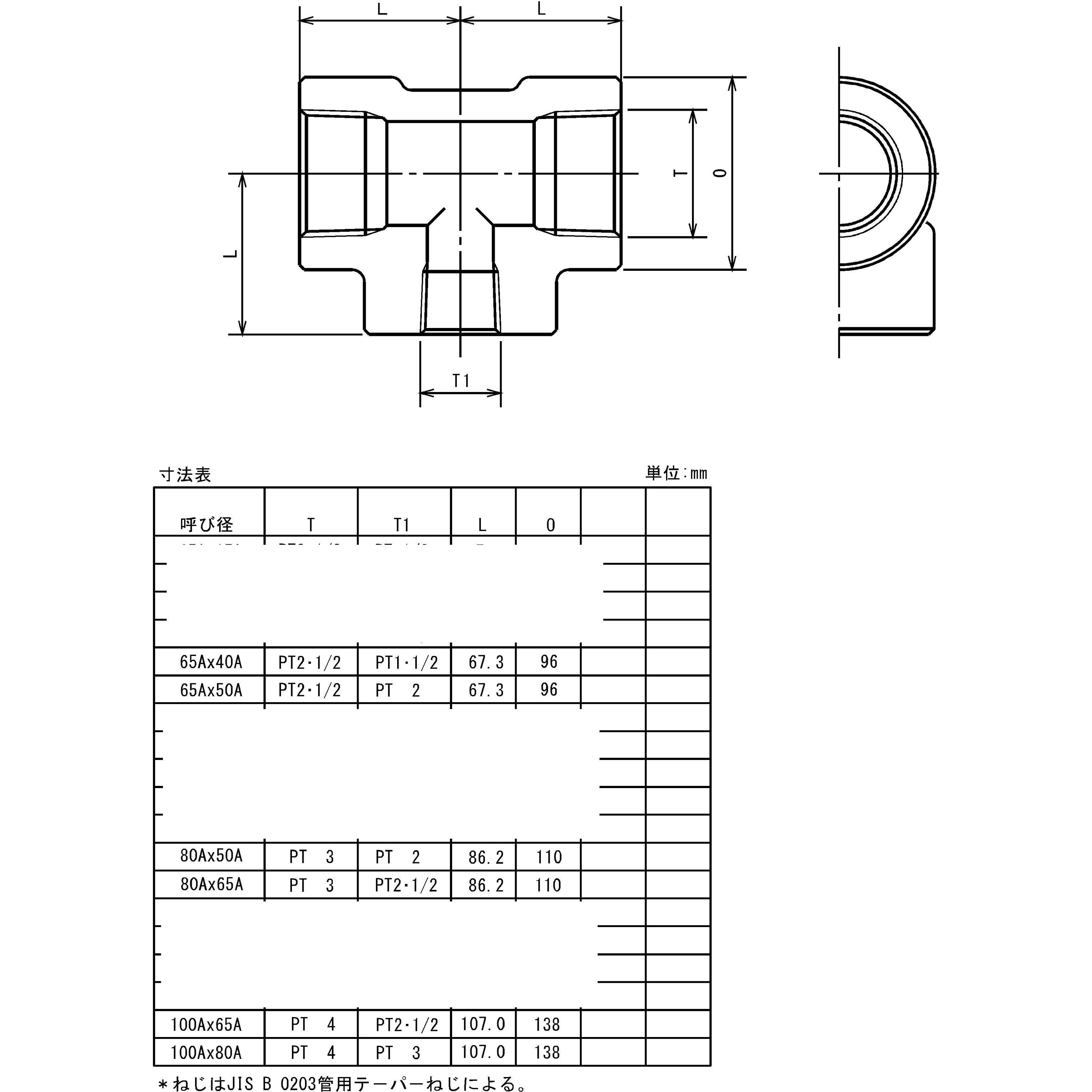 PTRT-65A×40A-S80 鍛鋼製ねじ込み式管継手 ねじ込み 白 異径チーズ 1個 藤井高圧 【通販モノタロウ】