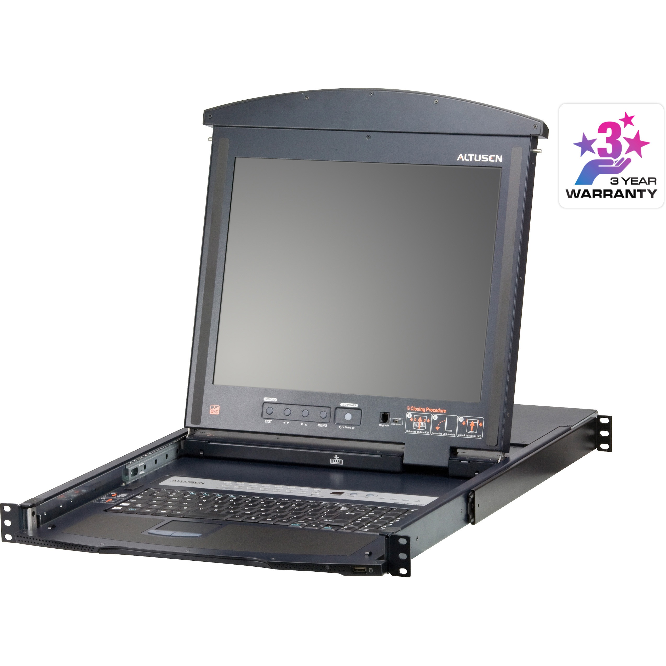 ATEN [KL1516ANJJS-3/ATEN] 19インチLCD搭載16ポートカテゴリ5KVMドロワー ショートレール(3年保証) e-TREND｜ATEN KL1516ANJJS [19インチLCD デュアルスライド 16ポート