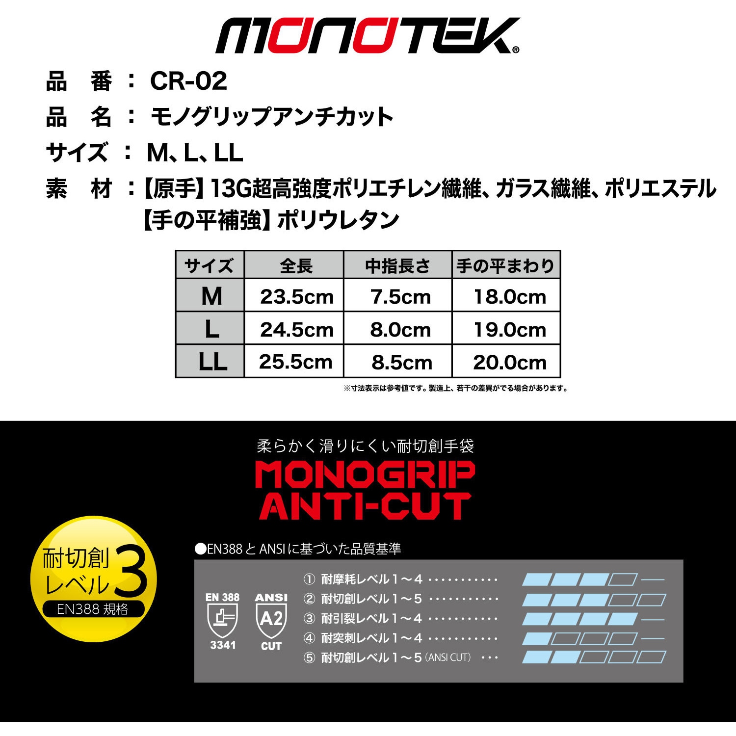 CR02-M CR-02 アンチカットグローブ monotek 13ゲージ 耐切創