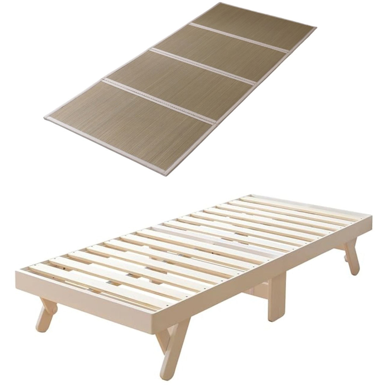 WFD-80180(NA)+159067920 木製 折りたたみベッド & 畳マットレス YAMAZEN(山善) ナチュラル(無塗装)色 セミシングルショートサイズ