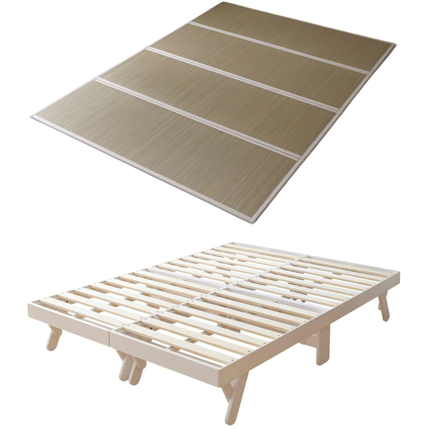 WFD-14195(NA)+159067923 木製 折りたたみベッド & 畳マットレス YAMAZEN(山善) ナチュラル(無塗装)色 ダブルサイズ