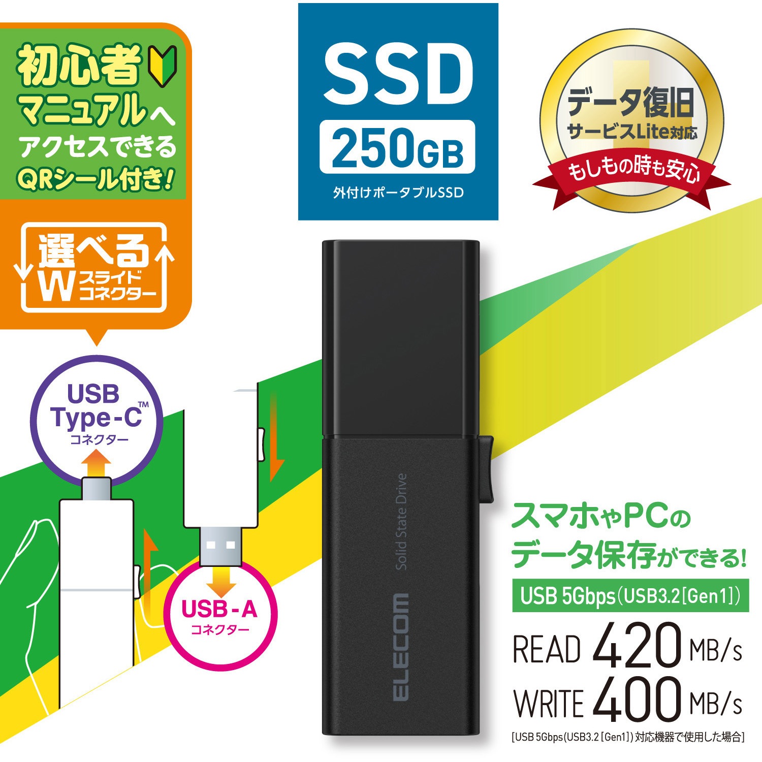 ESD-EWB0250GBKR SSD 外付け USB3.2Gen1 読込最大420MB/秒 USBメモリ型