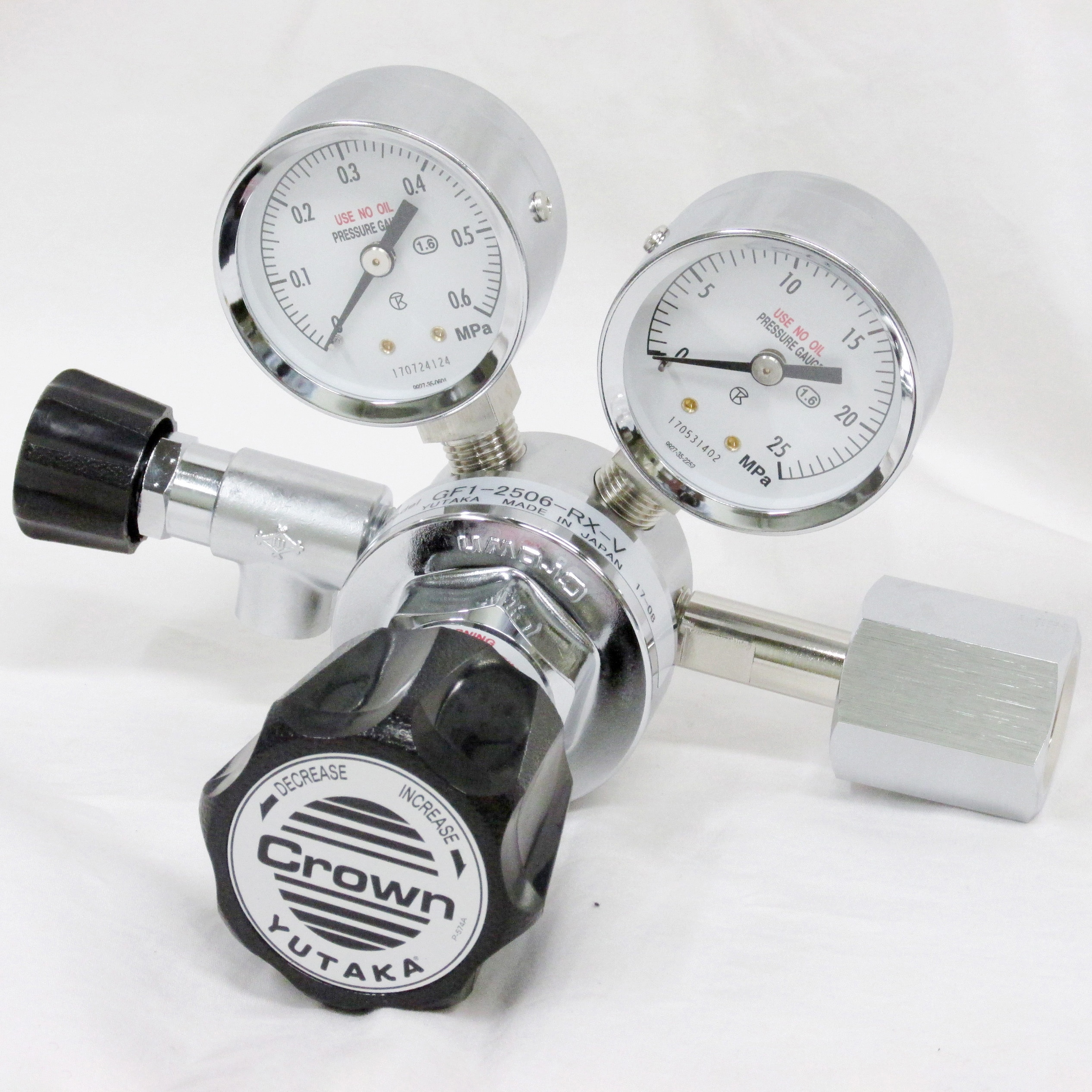 GF1-2516-LX-V ストップバルブ付き一段式精密圧力調整器 GF1シリーズ(真鍮製)(可燃性ガス用) ユタカ(Crown) ガスの種類:水素(H2)   GF1-2516-LX-V 15,735円