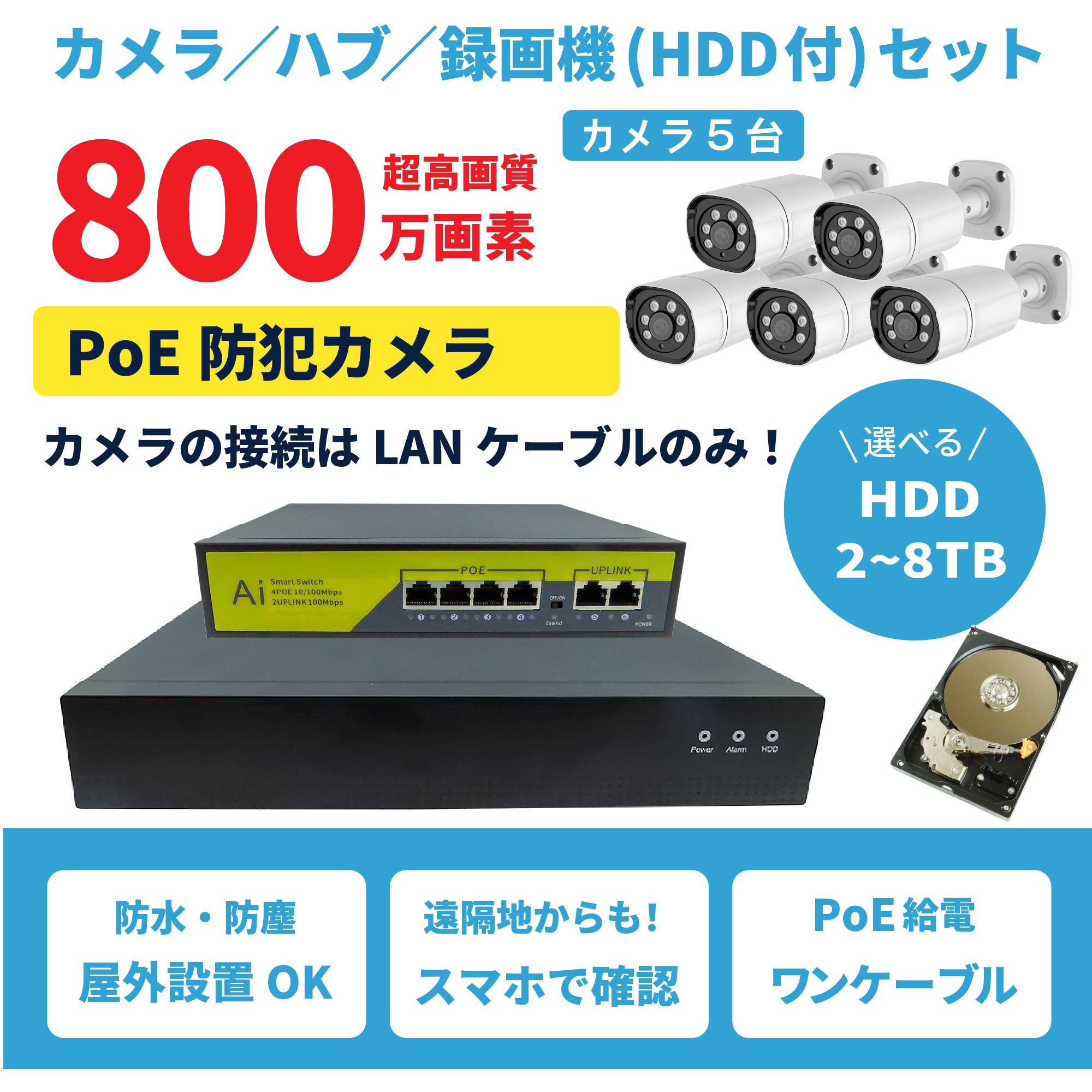 SEC-N-5K-2T 800万画素PoEタイプNVR防犯カメラセット カメラ5台、HDD2TB付き 1セット ブロードウォッチ 【通販モノタロウ】