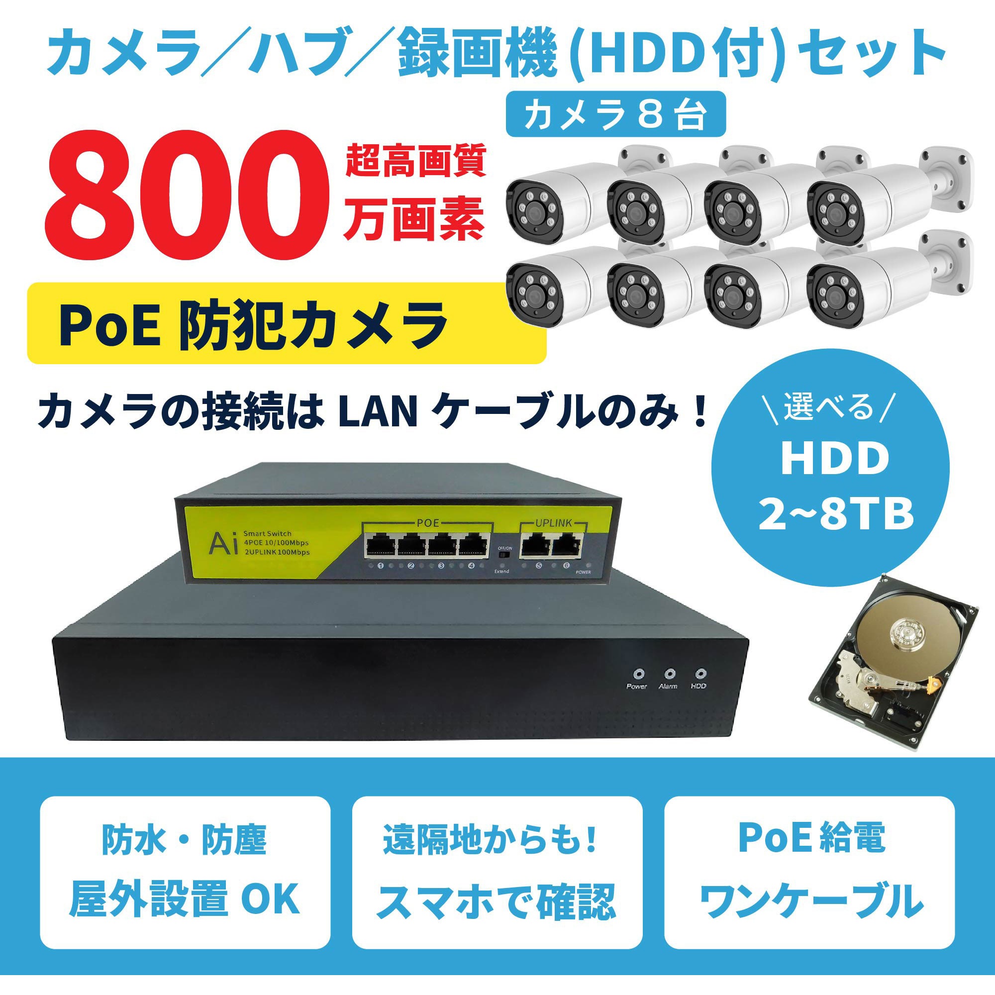 SEC-N-8K-8T 800万画素PoEタイプNVR防犯カメラセット カメラ8台、HDD8TB付き 1セット ブロードウォッチ 【通販モノタロウ】